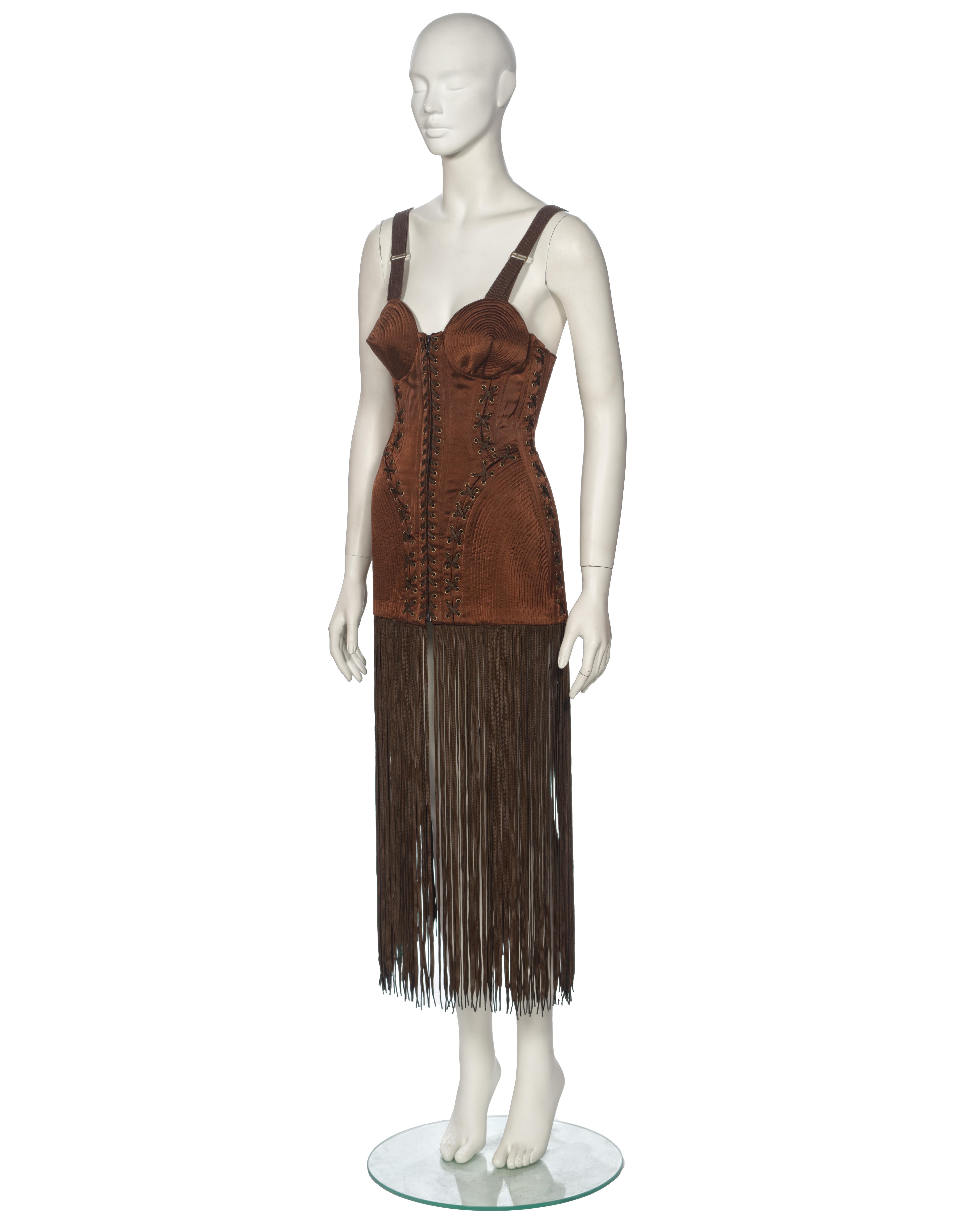 Jean Paul Gaultier Brown Corset Dress with Cone Bra and Fringed Hem, fw 1990 For Sale 13