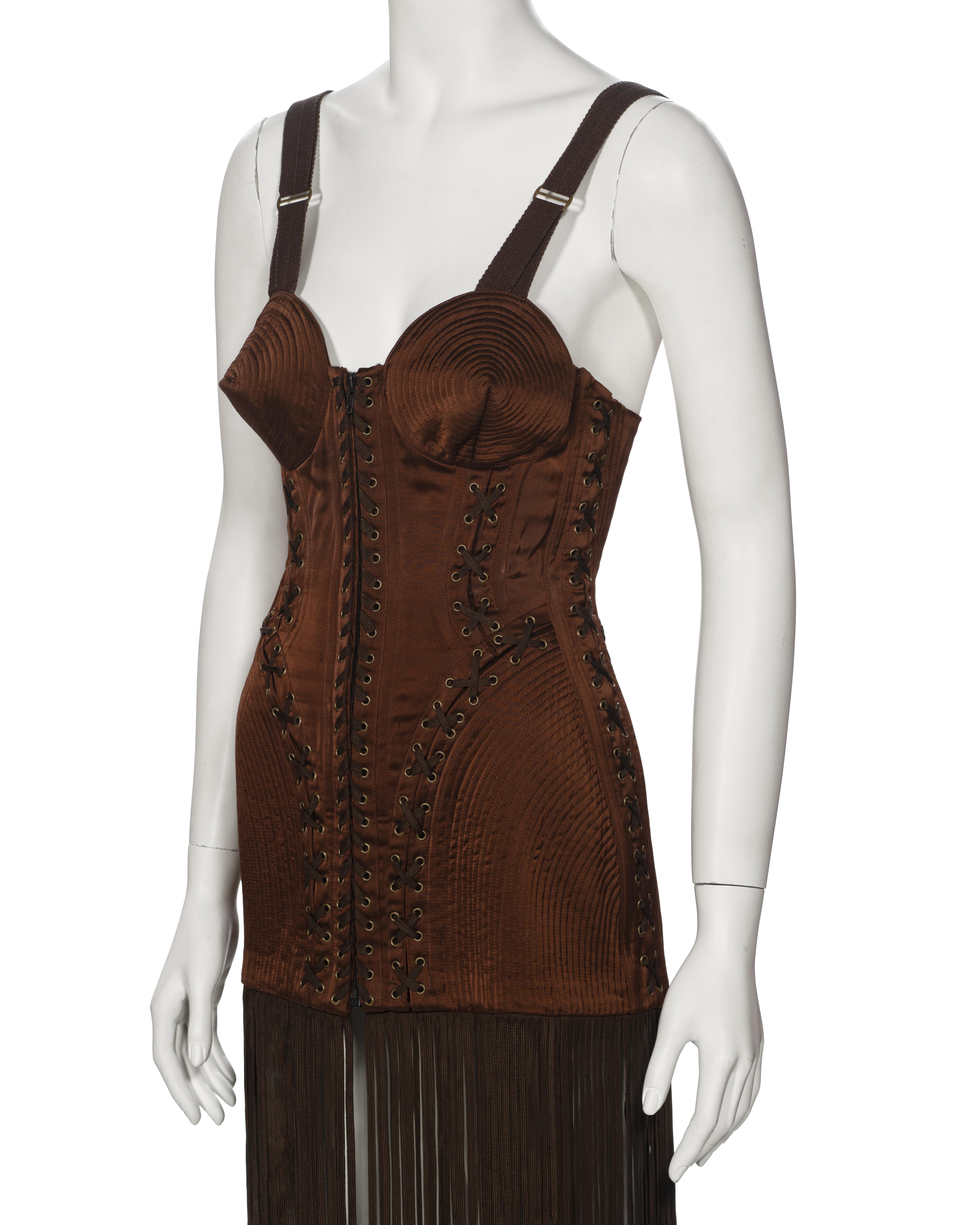 Jean Paul Gaultier Brown Corset Dress with Cone Bra and Fringed Hem, fw 1990 For Sale 14