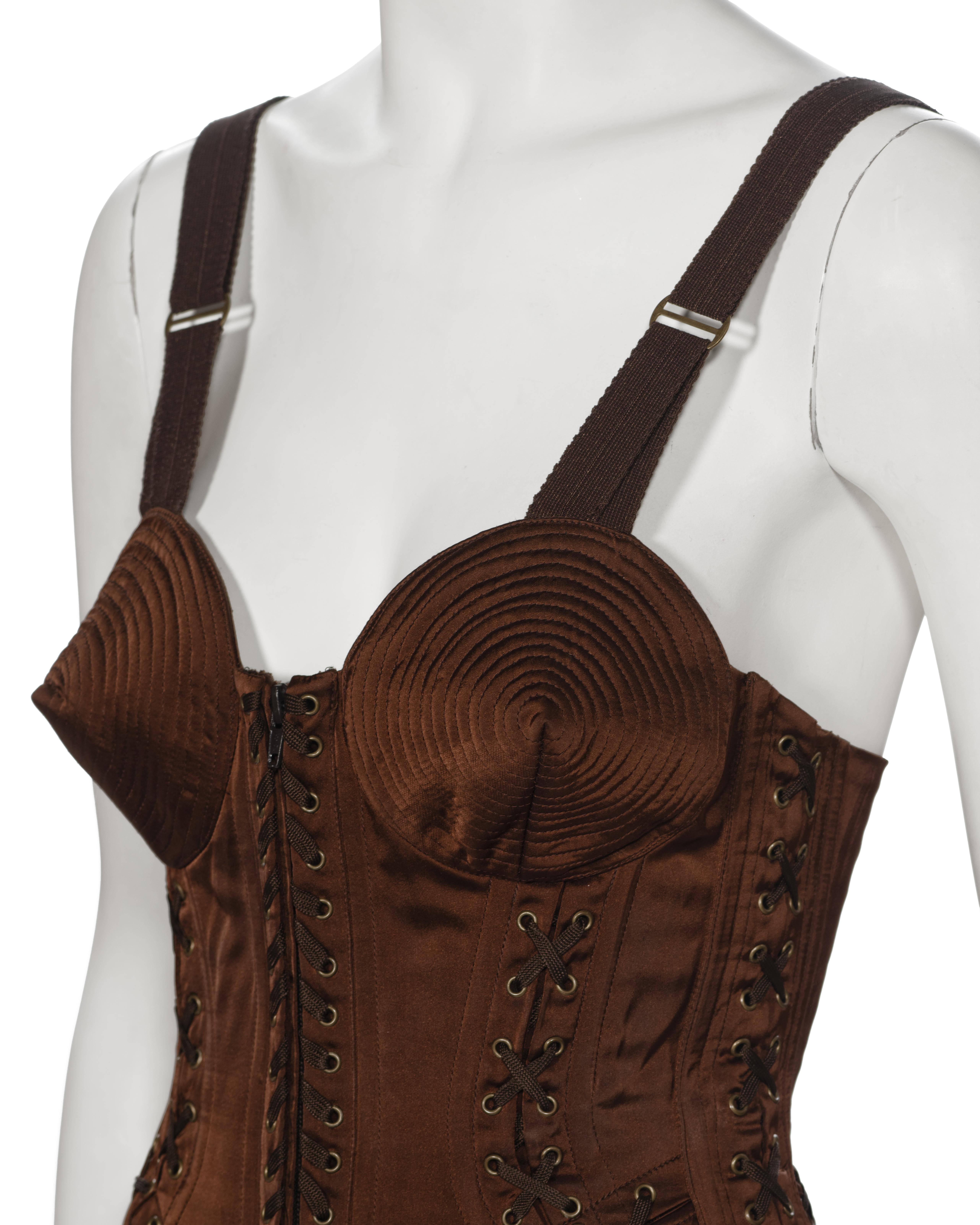 Jean Paul Gaultier Brown Corset Dress with Cone Bra and Fringed Hem, fw 1990 For Sale 15