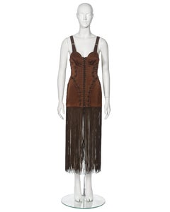 Jean Paul Gaultier Brown Corset Dress with Cone Bra and Fringed Hem, fw 1990