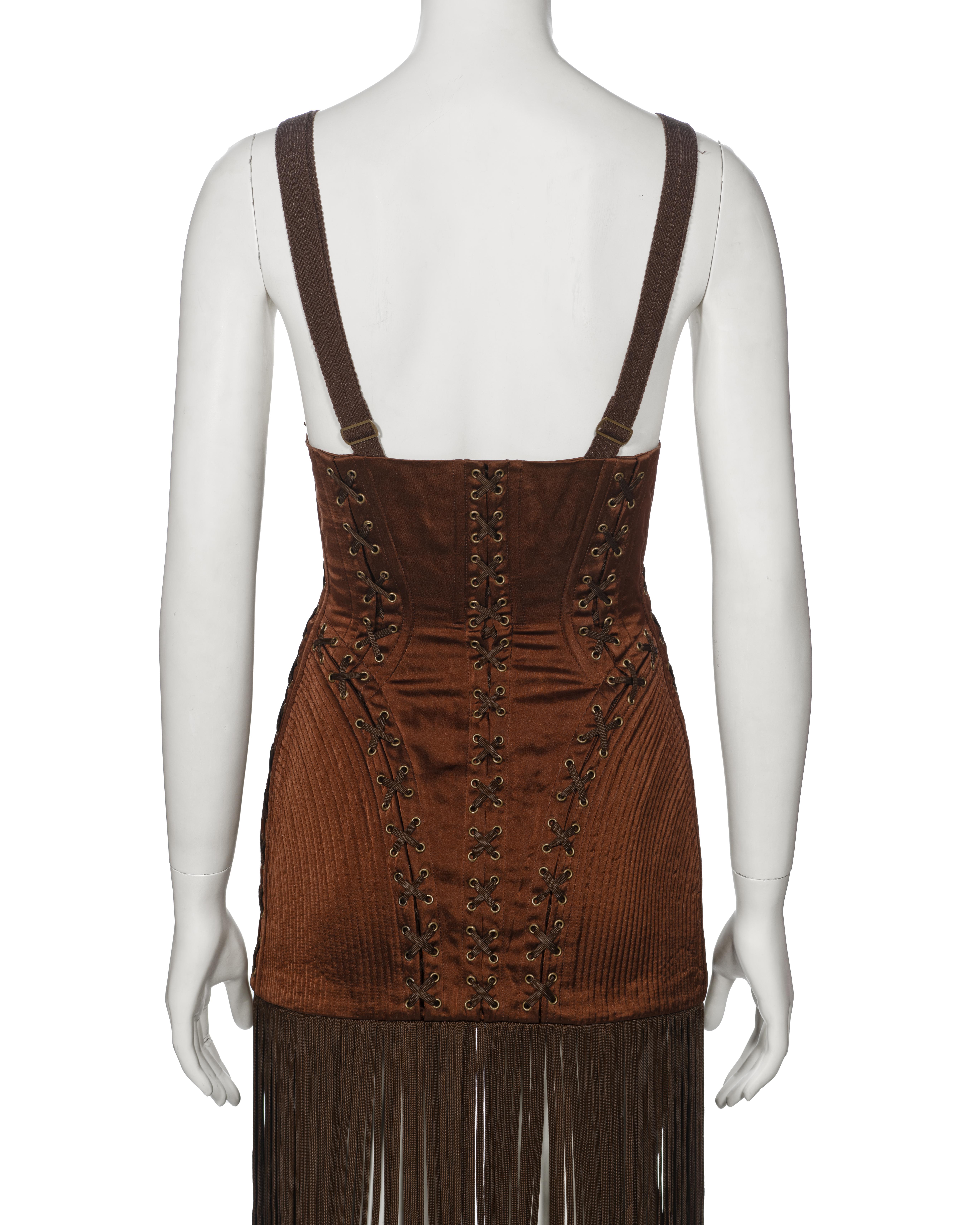 Jean Paul Gaultier Brown Corset Dress with Cone Bra and Fringed Hem, fw 1990 For Sale 11