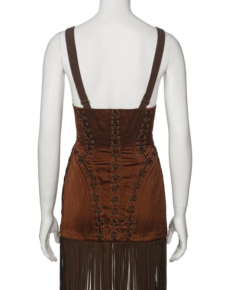 Jean Paul Gaultier Brown Corset Dress with Cone Bra and Fringed Hem, fw  1990 For Sale at 1stDibs