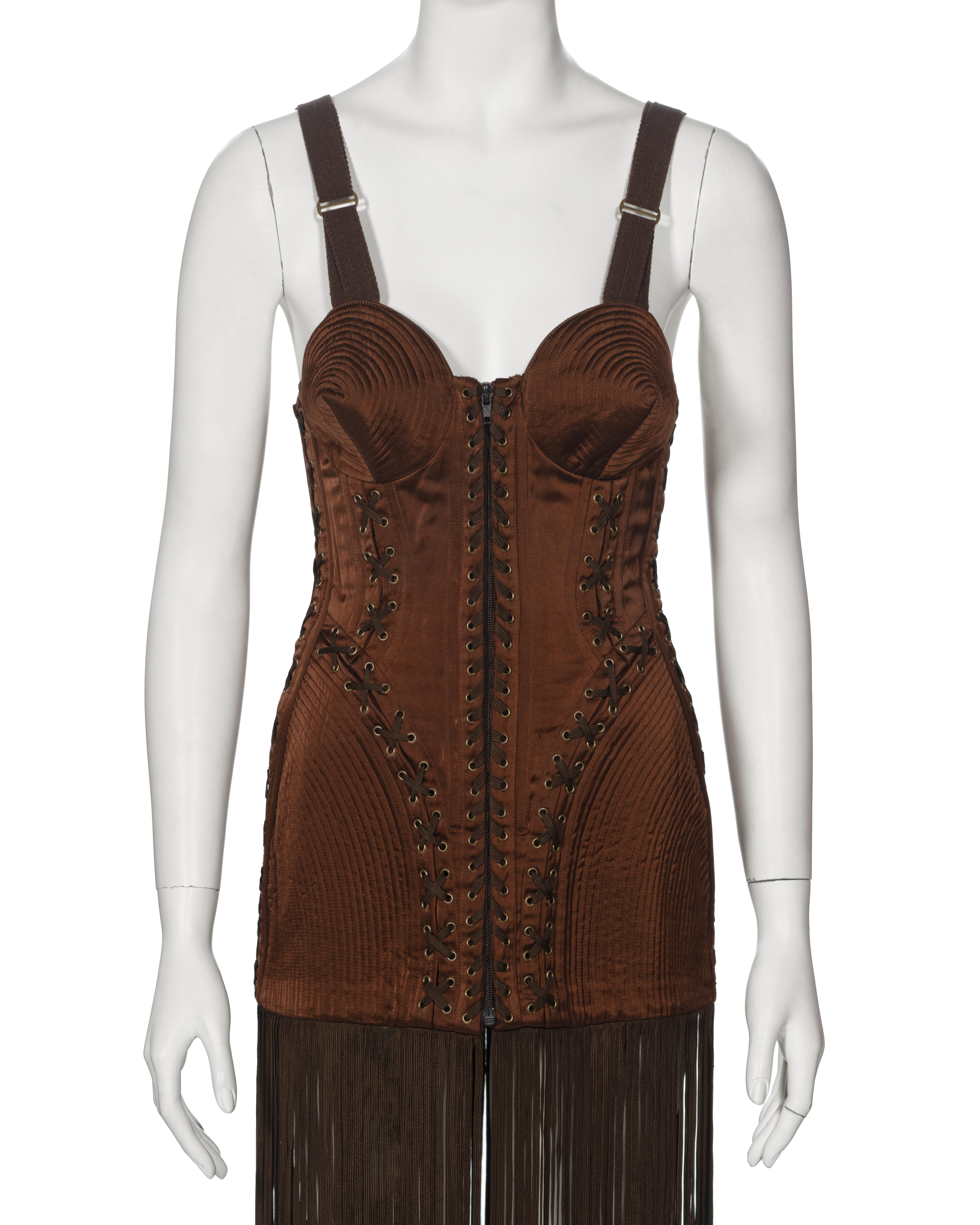 Jean Paul Gaultier Brown Corset Dress with Cone Bra and Fringed Hem, fw 1990 In Excellent Condition For Sale In London, GB