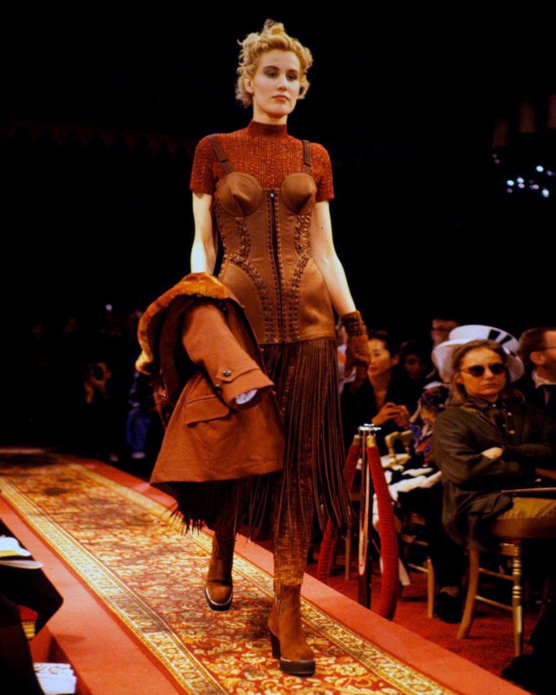 Women's Jean Paul Gaultier Brown Corset Dress with Cone Bra and Fringed Hem, fw 1990 For Sale