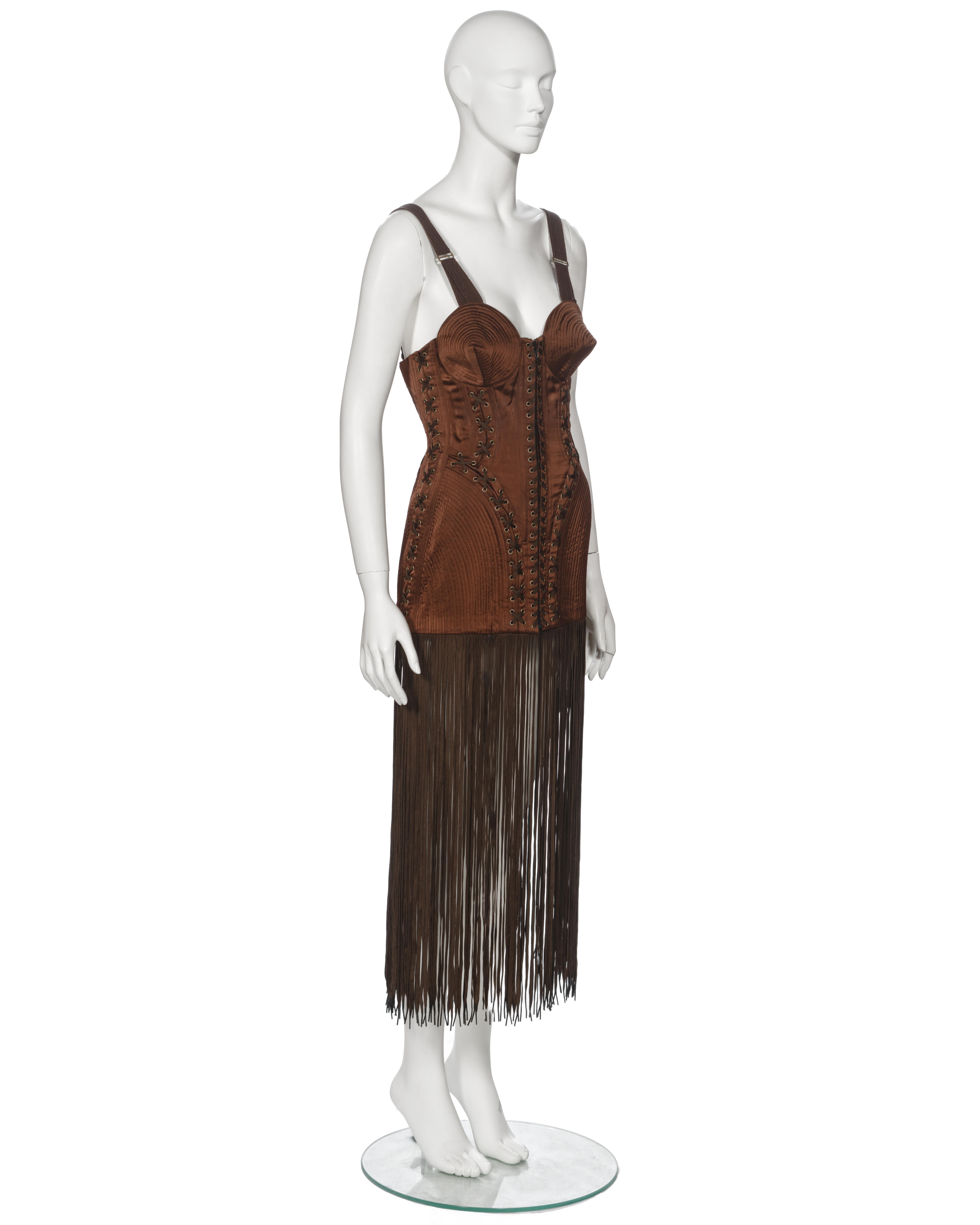 Jean Paul Gaultier Brown Corset Dress with Cone Bra and Fringed Hem, fw 1990 For Sale 4