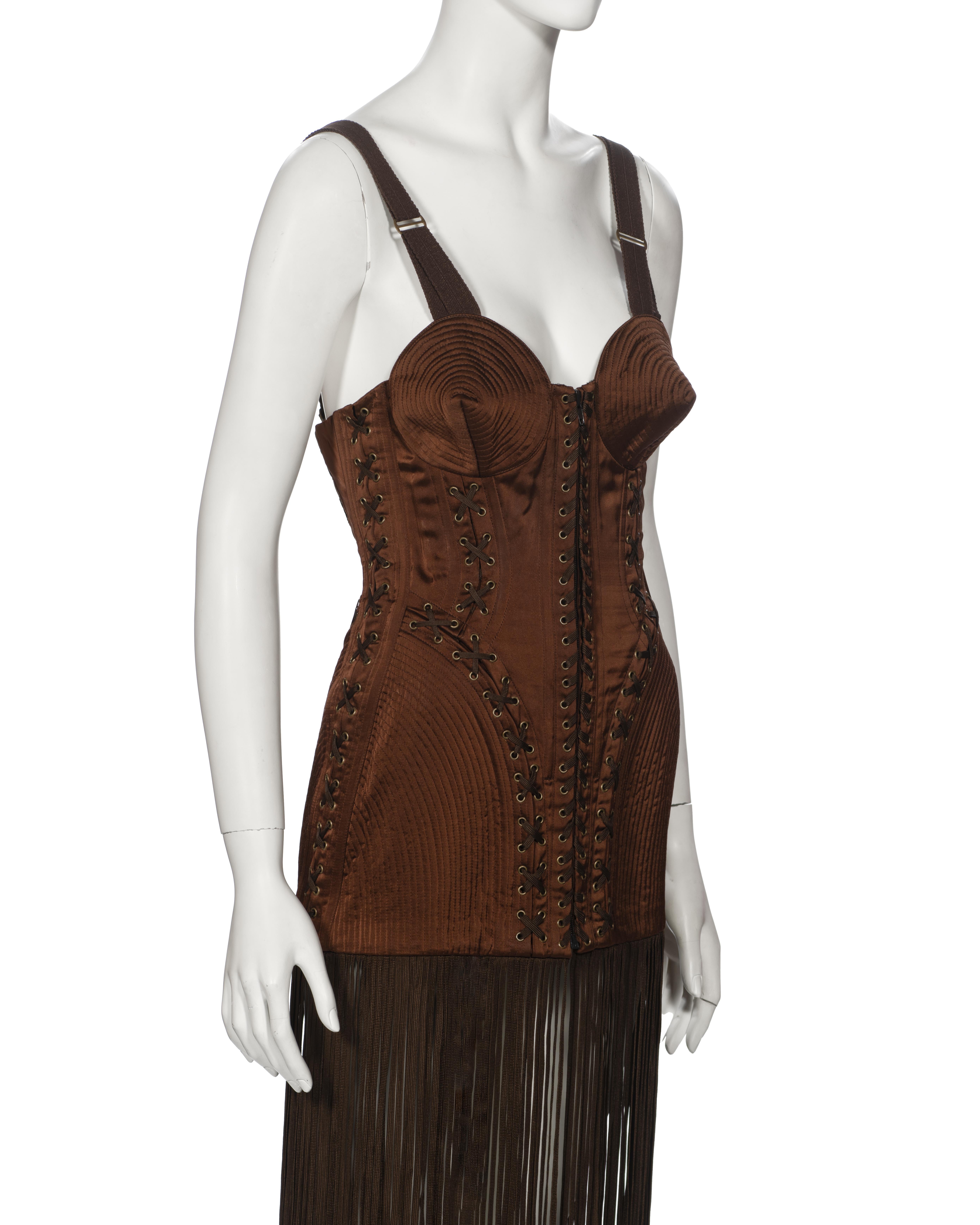 Jean Paul Gaultier Brown Corset Dress with Cone Bra and Fringed Hem, fw 1990 For Sale 5