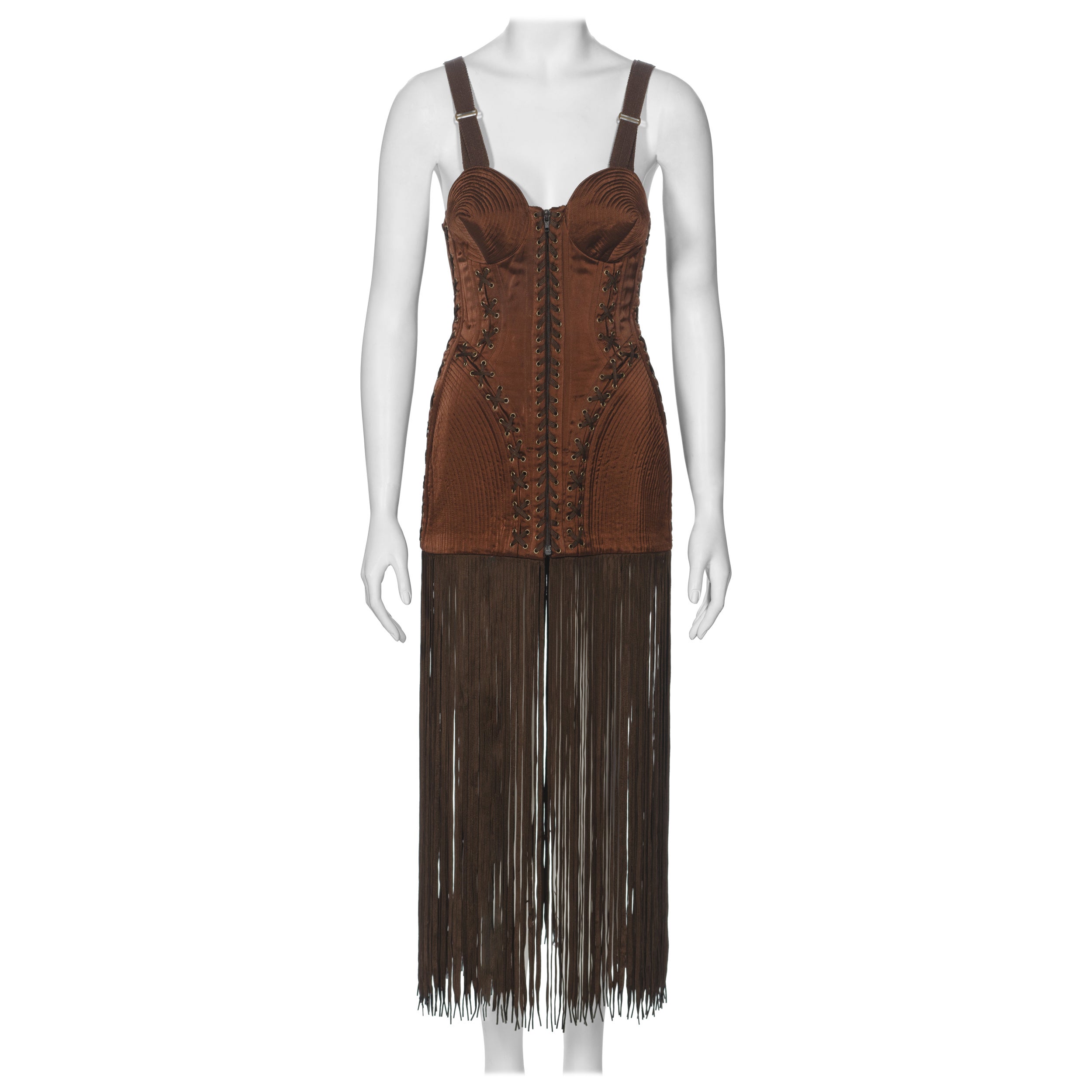 Jean Paul Gaultier Brown Robe corset avec soutien-gorge conique et ourlet frangé, fw 1990 en vente