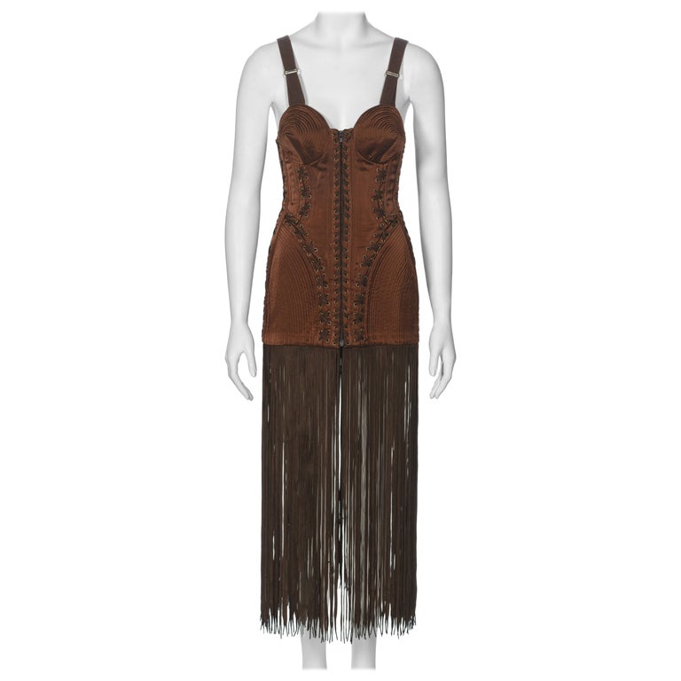 Jean Paul Gaultier Brown Corset Dress with Cone Bra and Fringed Hem, fw  1990 For Sale at 1stDibs