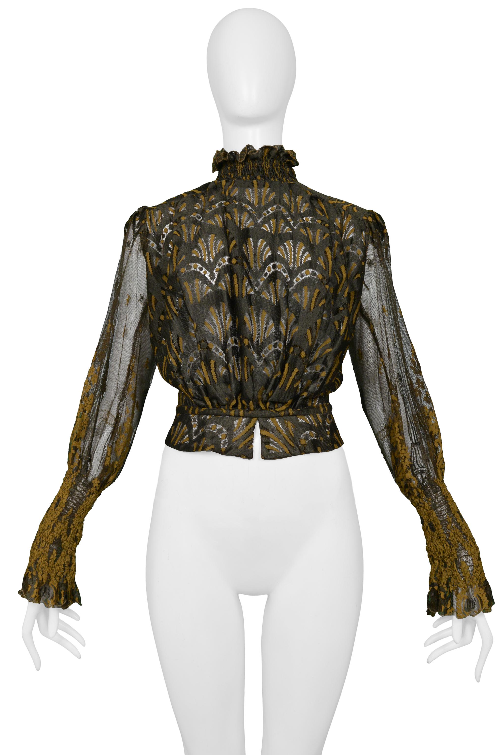 Black Jean Paul Gaultier Brown Lace Blouse W Puff Sleeves  SS 1995 For Sale