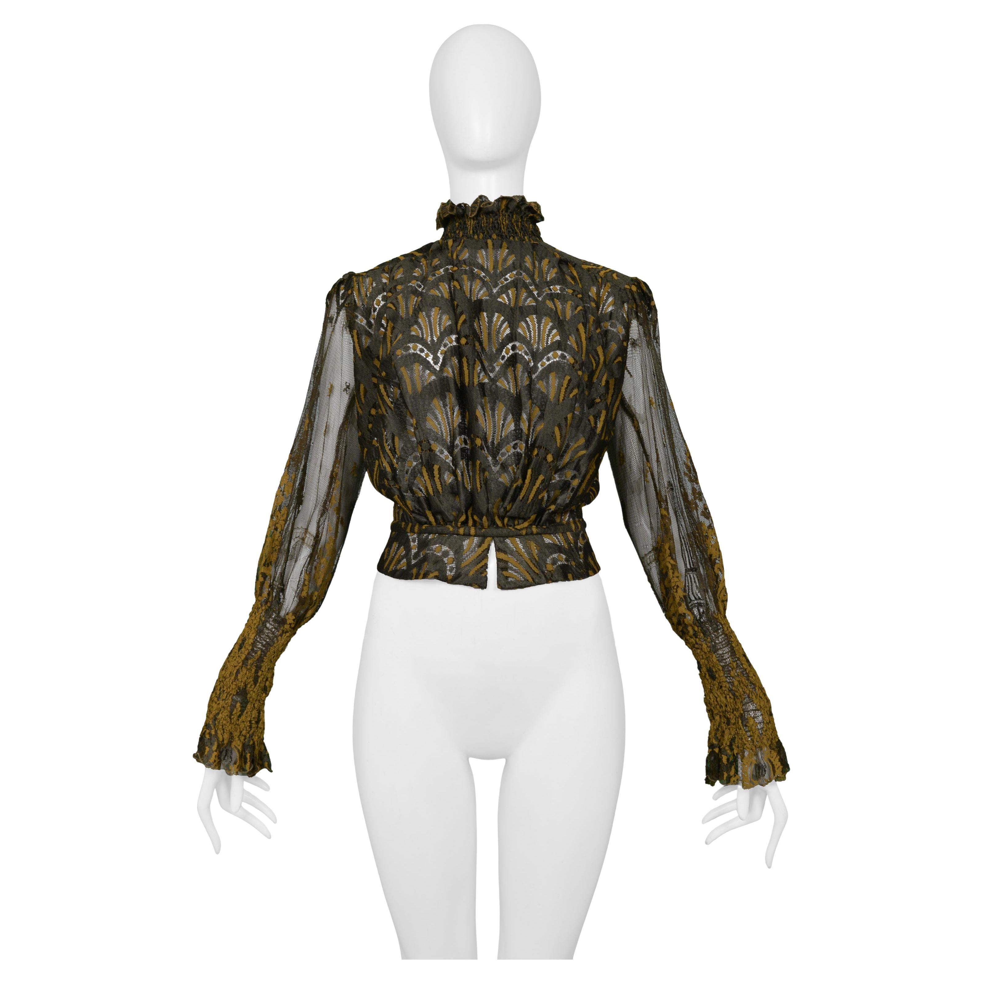Jean Paul Gaultier Brown Lace Blouse W Puff Sleeves  SS 1995 For Sale