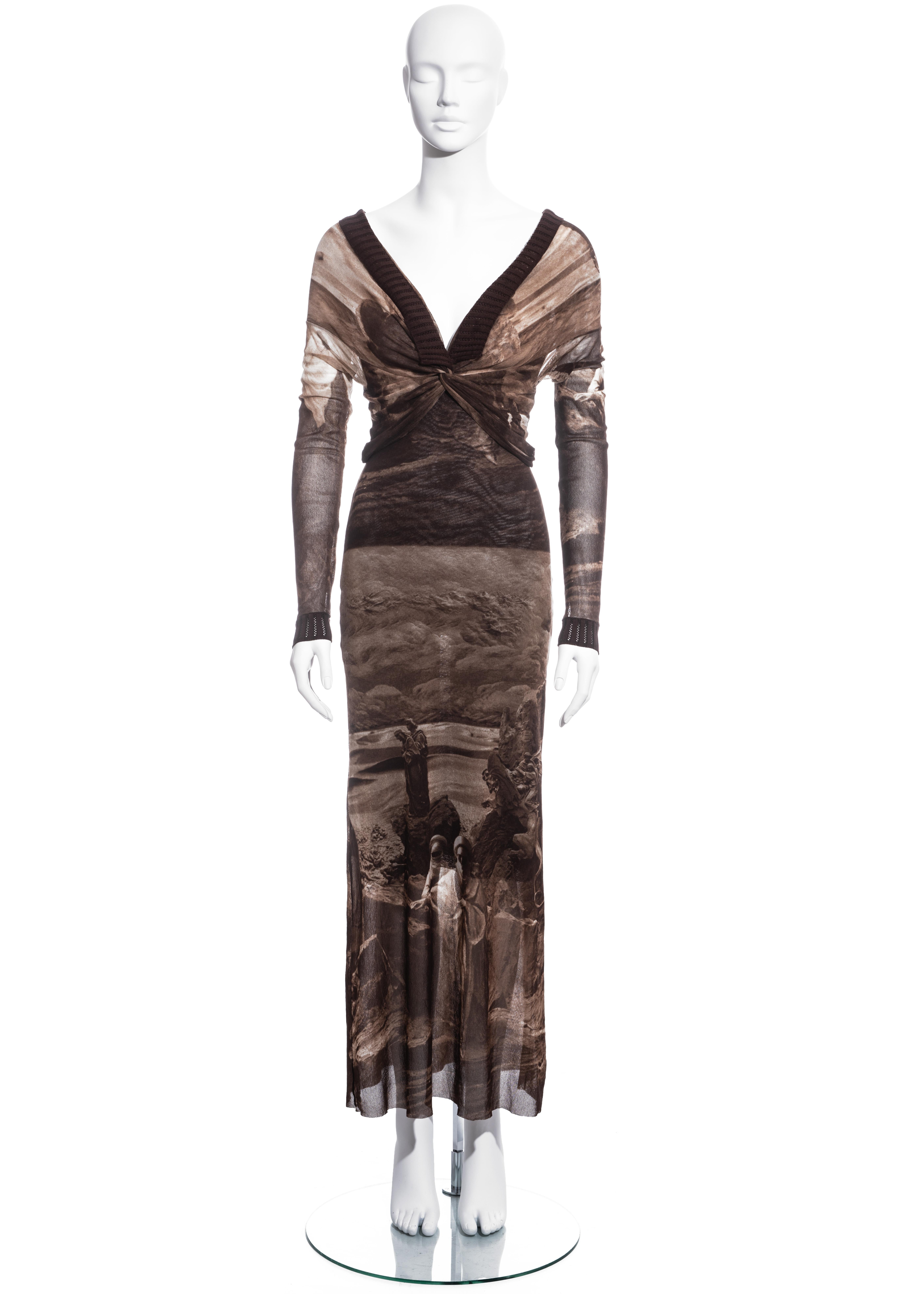 ▪ Jean Paul Gaultier brown nylon mesh maxi dress
▪ Knot detail around bust 
▪ Ribbed collar and cuffs
▪ Off-shoulder
▪ Figure hugging fit 
▪ Approx. Medium (size label missing)
▪ Spring-Summer 1998