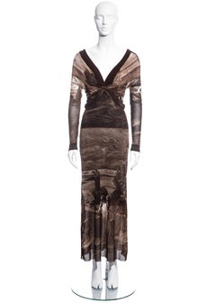 Jean Paul Gaultier brown nylon mesh off-shoulder maxi dress, ss 1998
