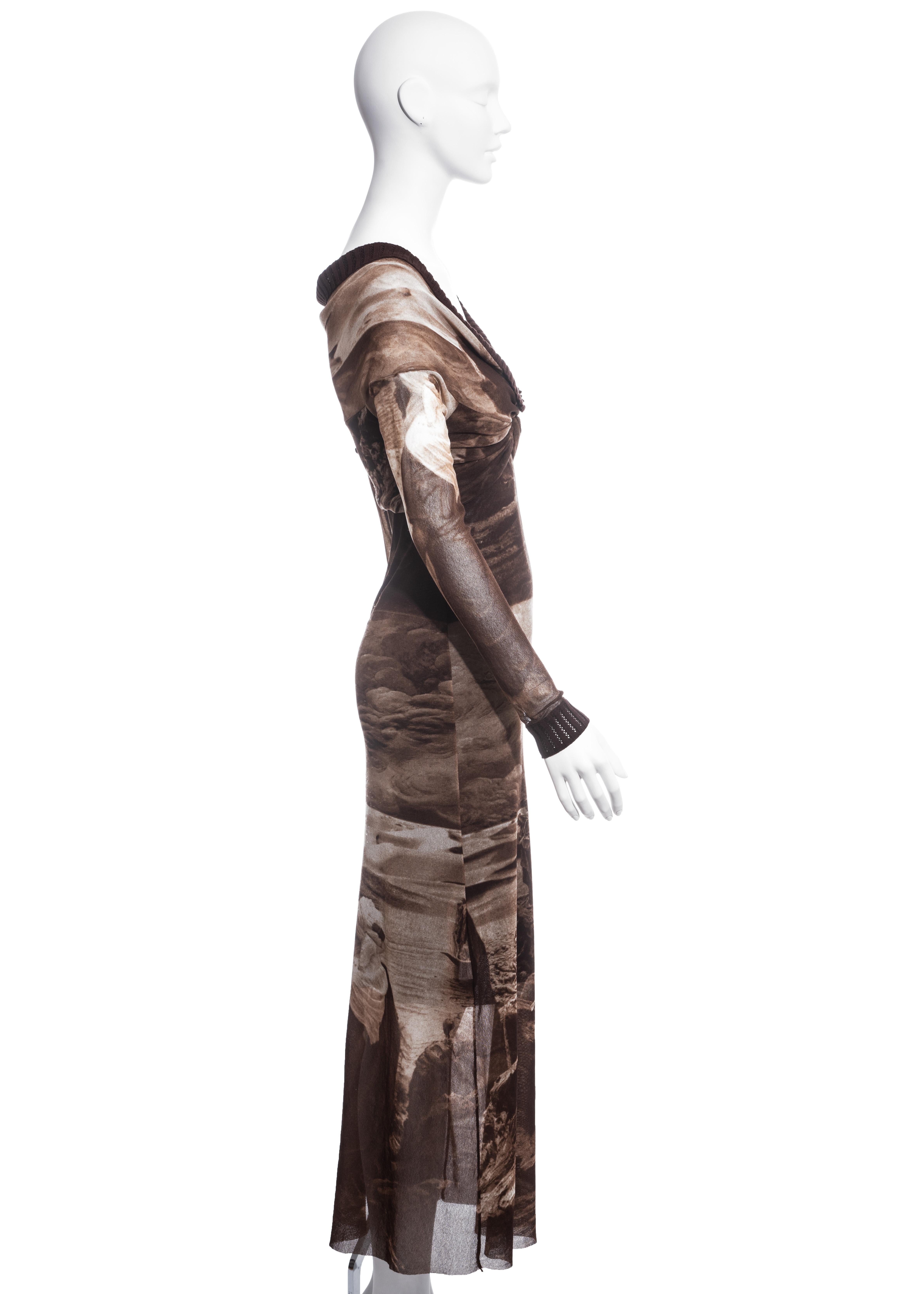 Black Jean Paul Gaultier brown nylon mesh off-shoulder maxi dress, ss 1998