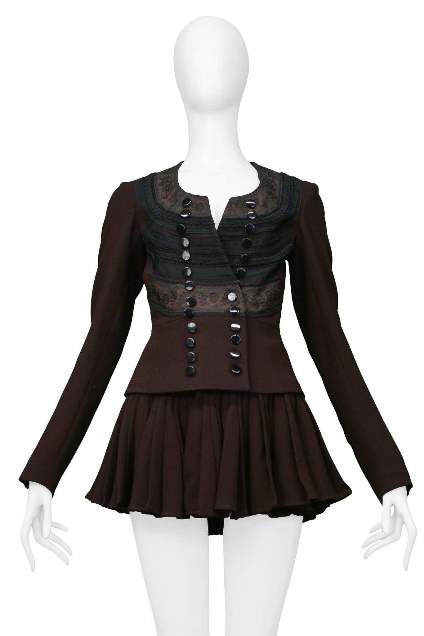 Jean Paul Gaultier Brown Pleated Mini Skirt With Embroidered Waistband In Excellent Condition In Los Angeles, CA