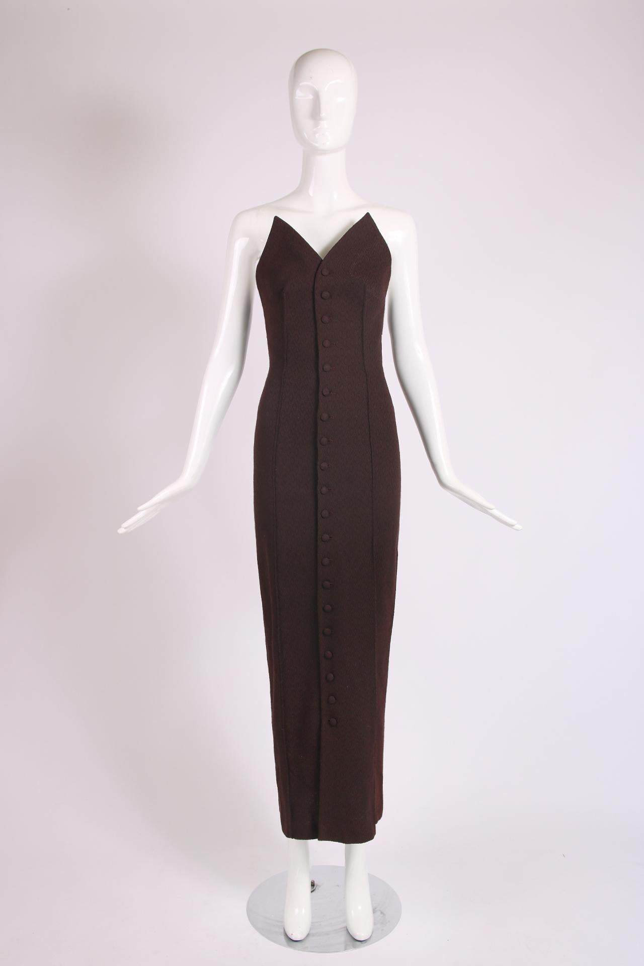 Jean Paul Gaultier brown strapless column dress featuring fabric covered button closures down center front, buckled back straps and made from diamond pattern fabric. There is no fabric tag - and the size tag says US 6 but this is NOT a size 6. It