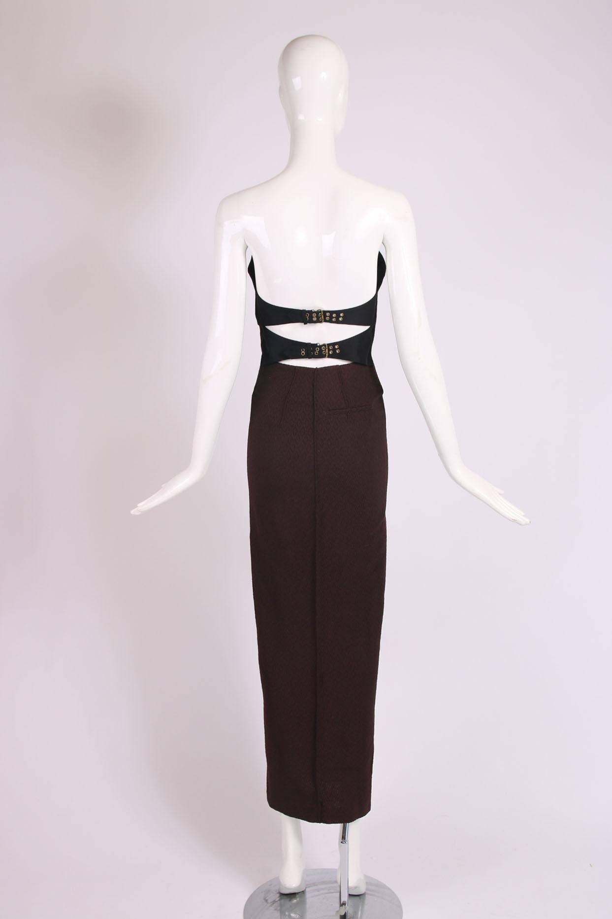 Jean Paul Gaultier Brown Strapless Column Dress w/Buckled Back Straps In Excellent Condition In Studio City, CA