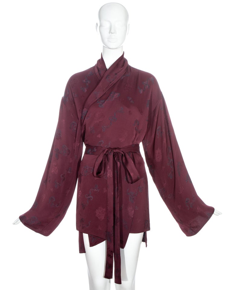 Brown Jean Paul Gaultier burgundy jacquard kimono style wrap jacket, fw 1994 For Sale