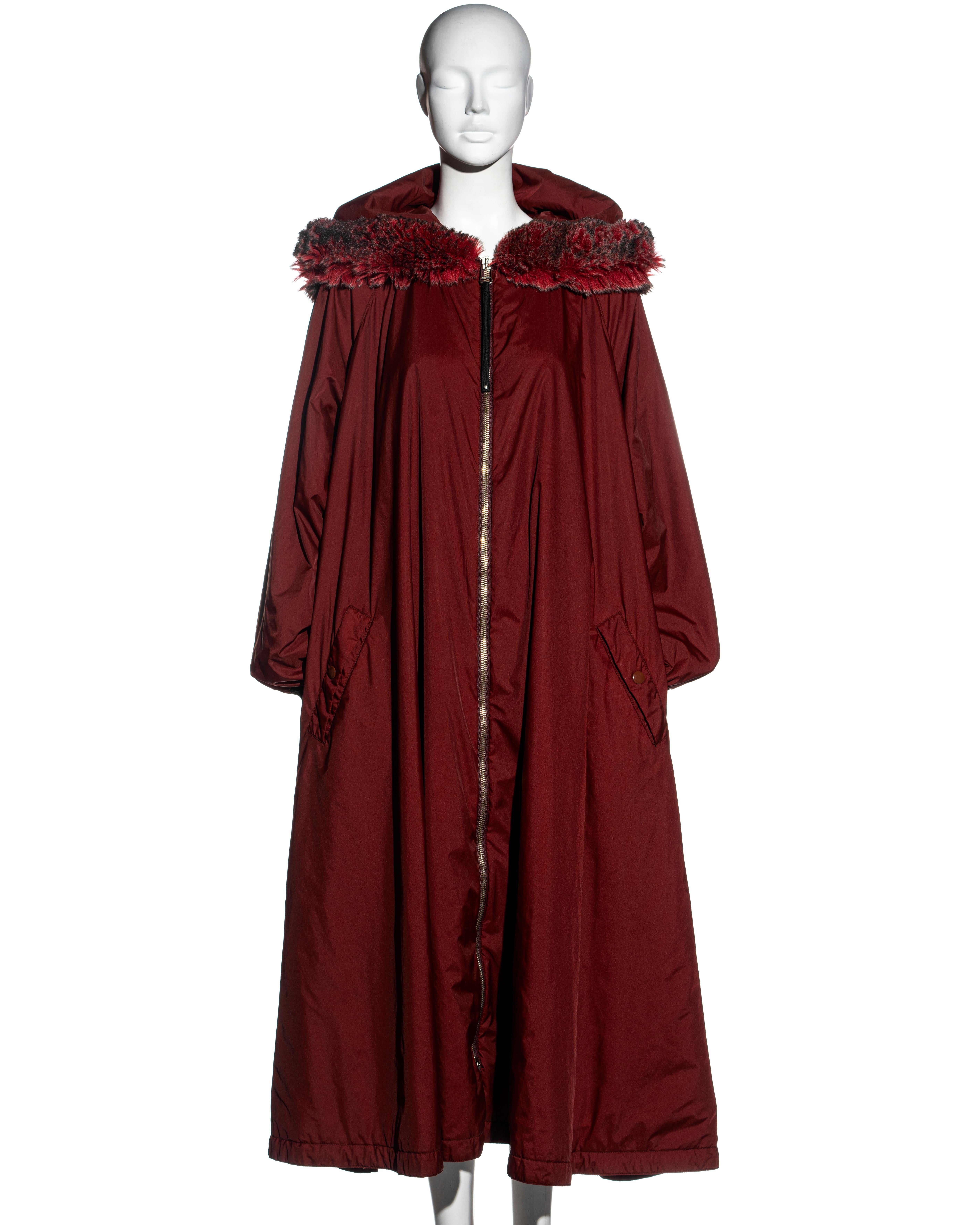 Brown Jean Paul Gaultier burgundy nylon puffer coat with large faux fur hood, fw 1995 For Sale