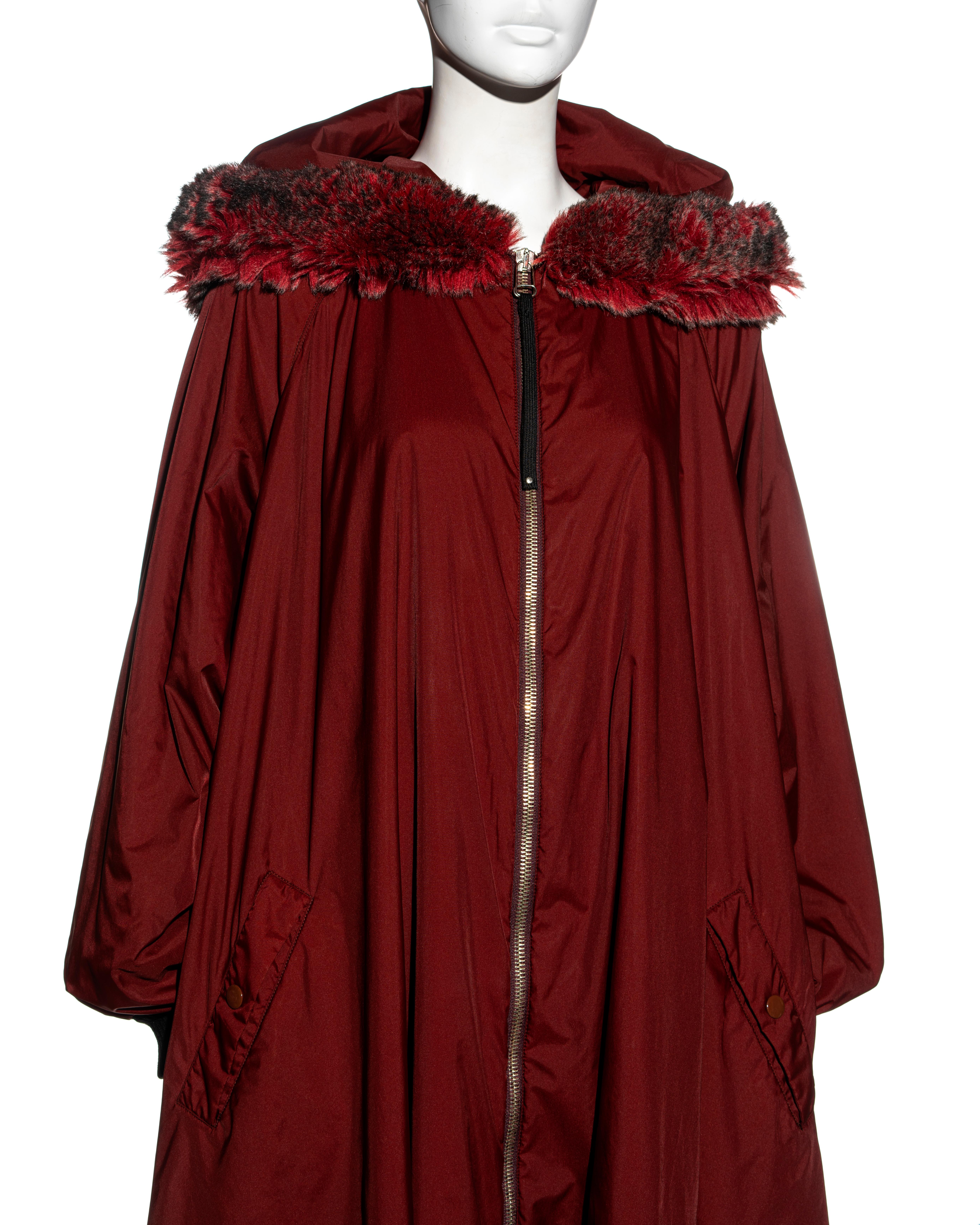 Jean Paul Gaultier burgundy nylon puffer coat with large faux fur hood, fw 1995 In Excellent Condition For Sale In London, GB