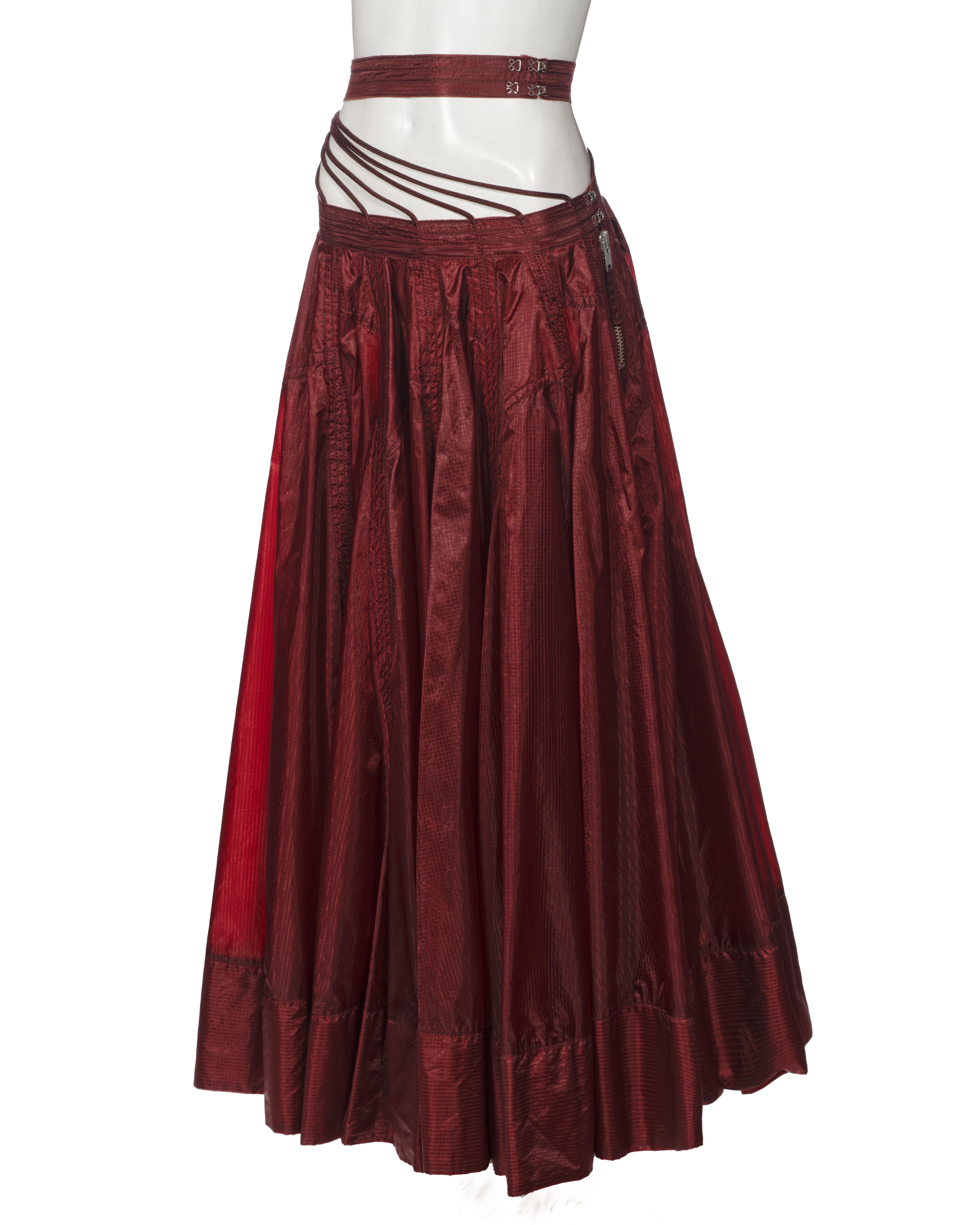 Jean Paul Gaultier Burgundy Ripstop Nylon Strappy-Waist Maxi Skirt, ss 2002 For Sale 6