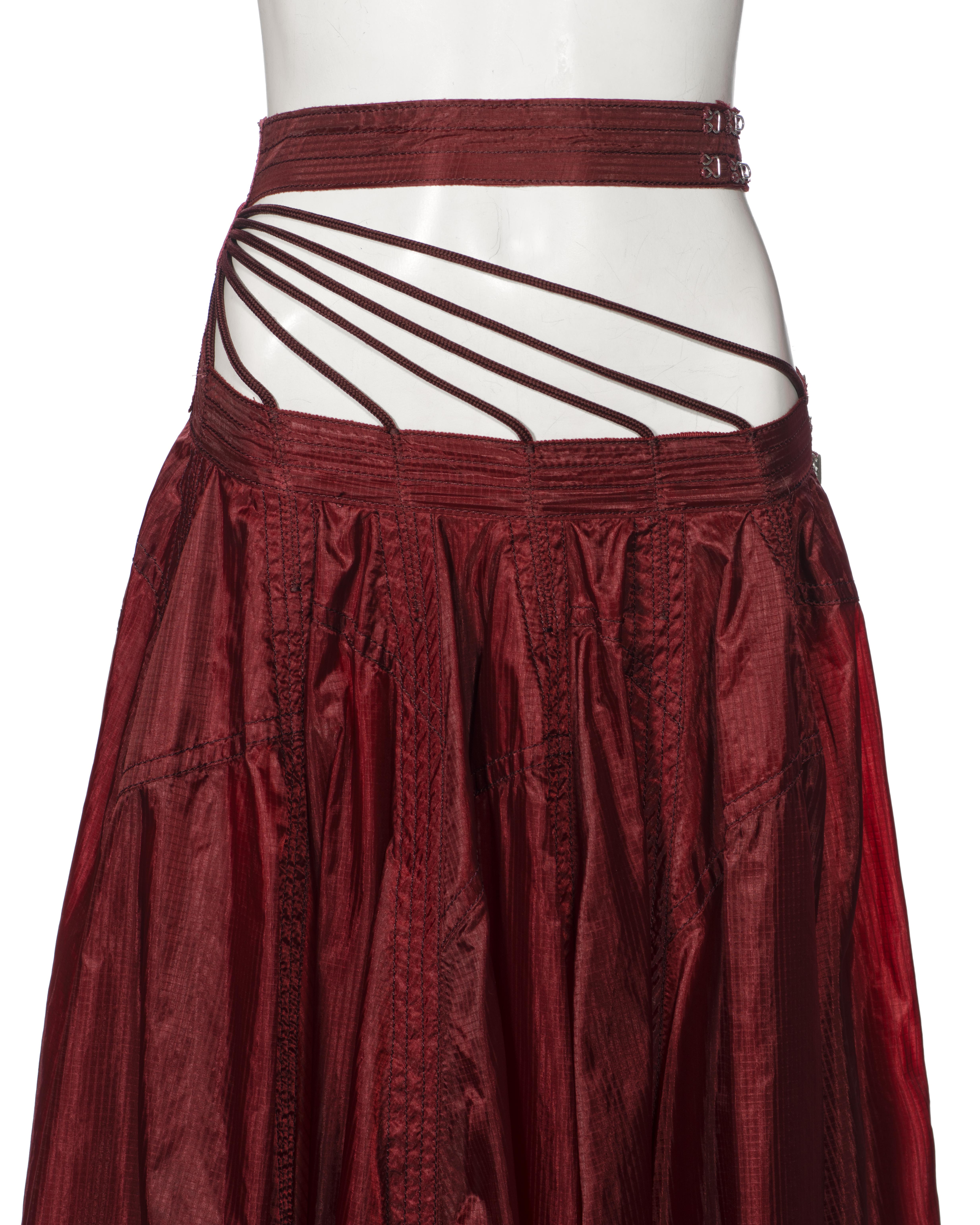 Jean Paul Gaultier Burgundy Ripstop Nylon Strappy-Waist Maxi Skirt, ss 2002 In Excellent Condition For Sale In London, GB
