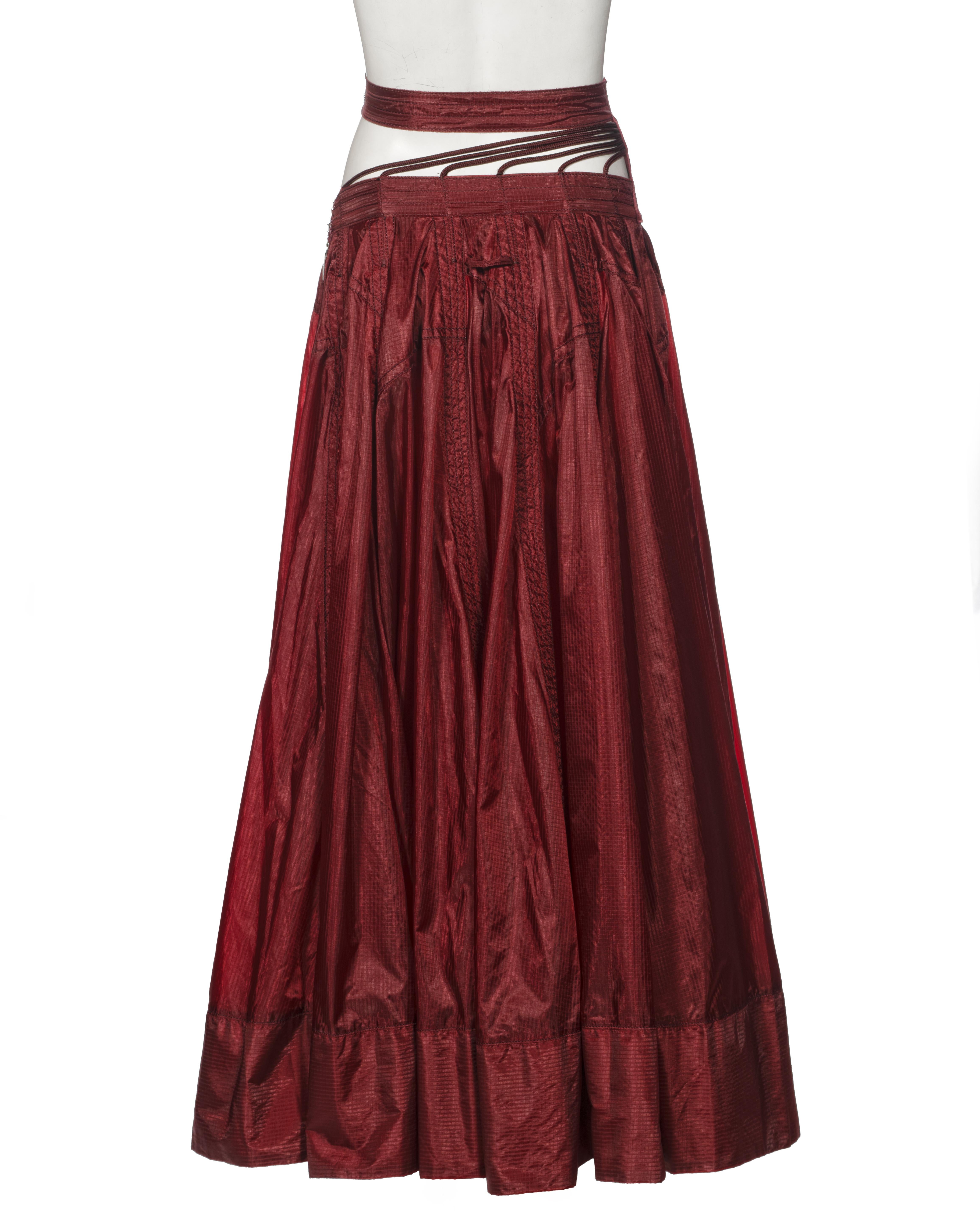 Jean Paul Gaultier Burgundy Ripstop Nylon Strappy-Waist Maxi Skirt, ss 2002 For Sale 4