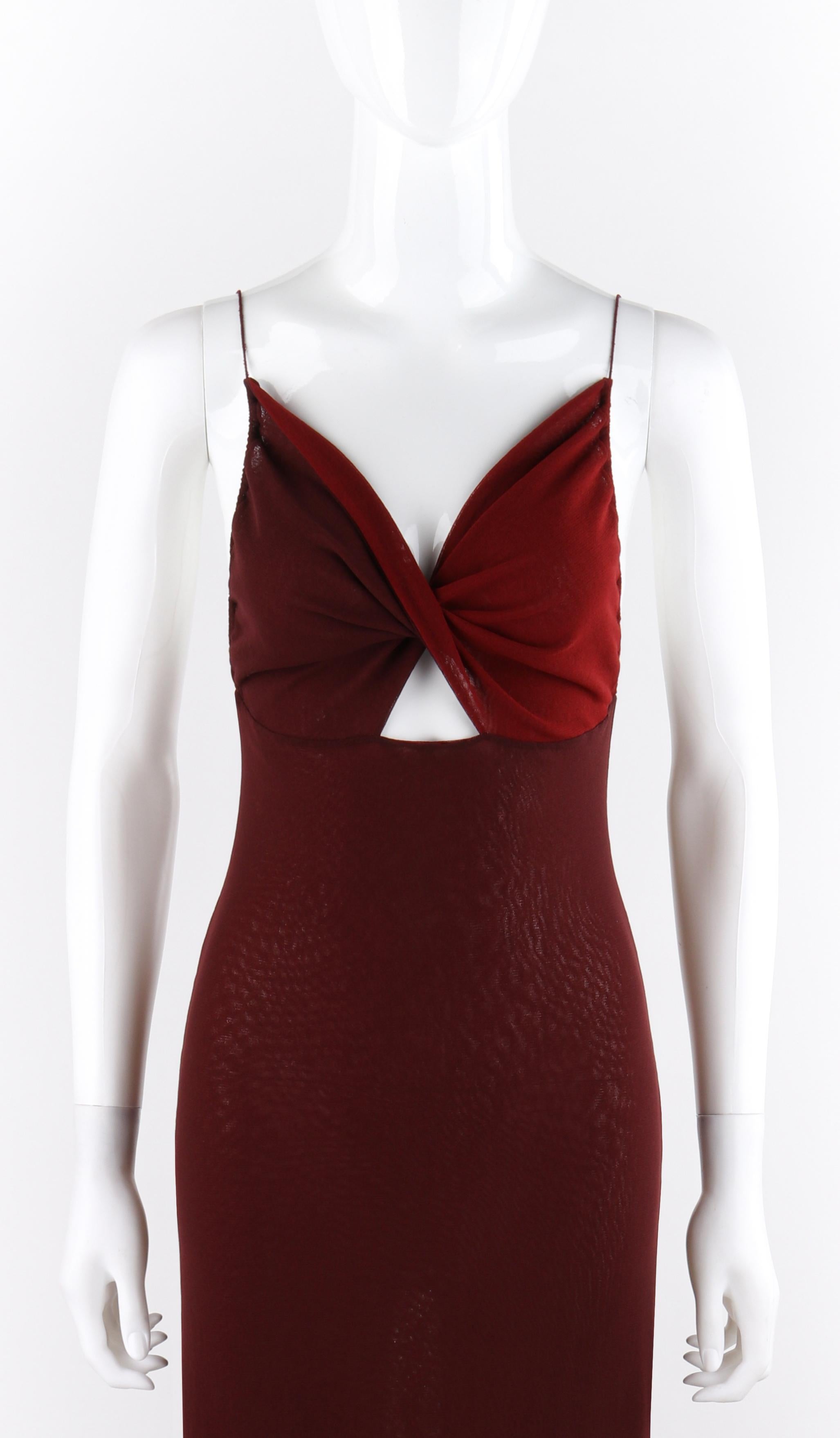 JEAN PAUL GAULTIER Burgundy Semi-Sheer Mesh Twist Cutout Tank Top Maxi Dress 
 
Brand / Manufacturer: Jean Paul Gaultier
Collection: Soliel
Style: Twist Front Cutout Maxi Dress
Color(s): Shades of Burgundy
Lined: No
Marked Fabric Content: 100% Nylon