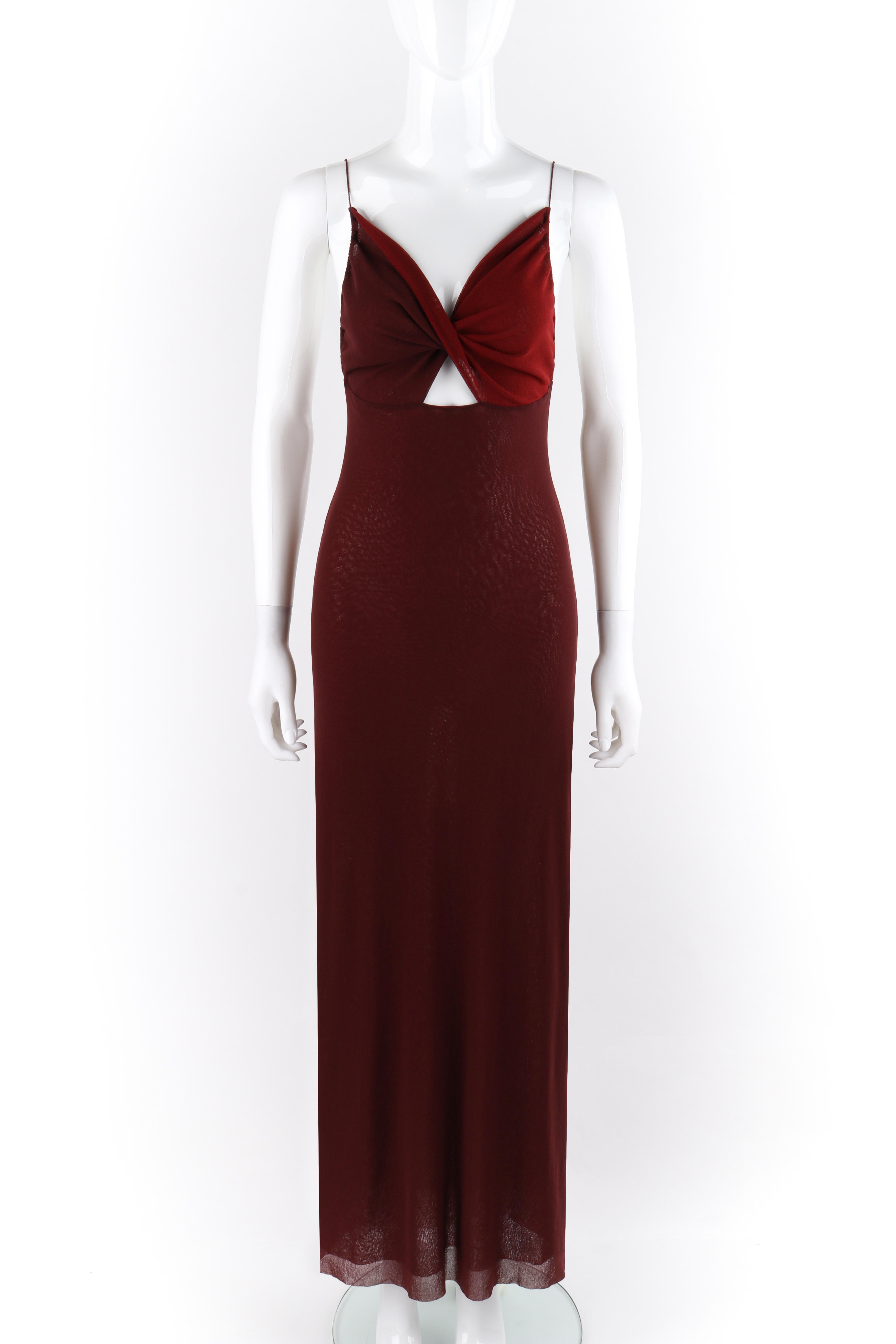 JEAN PAUL GAULTIER Burgundy Semi-Sheer Mesh Twist Cutout Tank Top Maxi Dress In Good Condition For Sale In Thiensville, WI