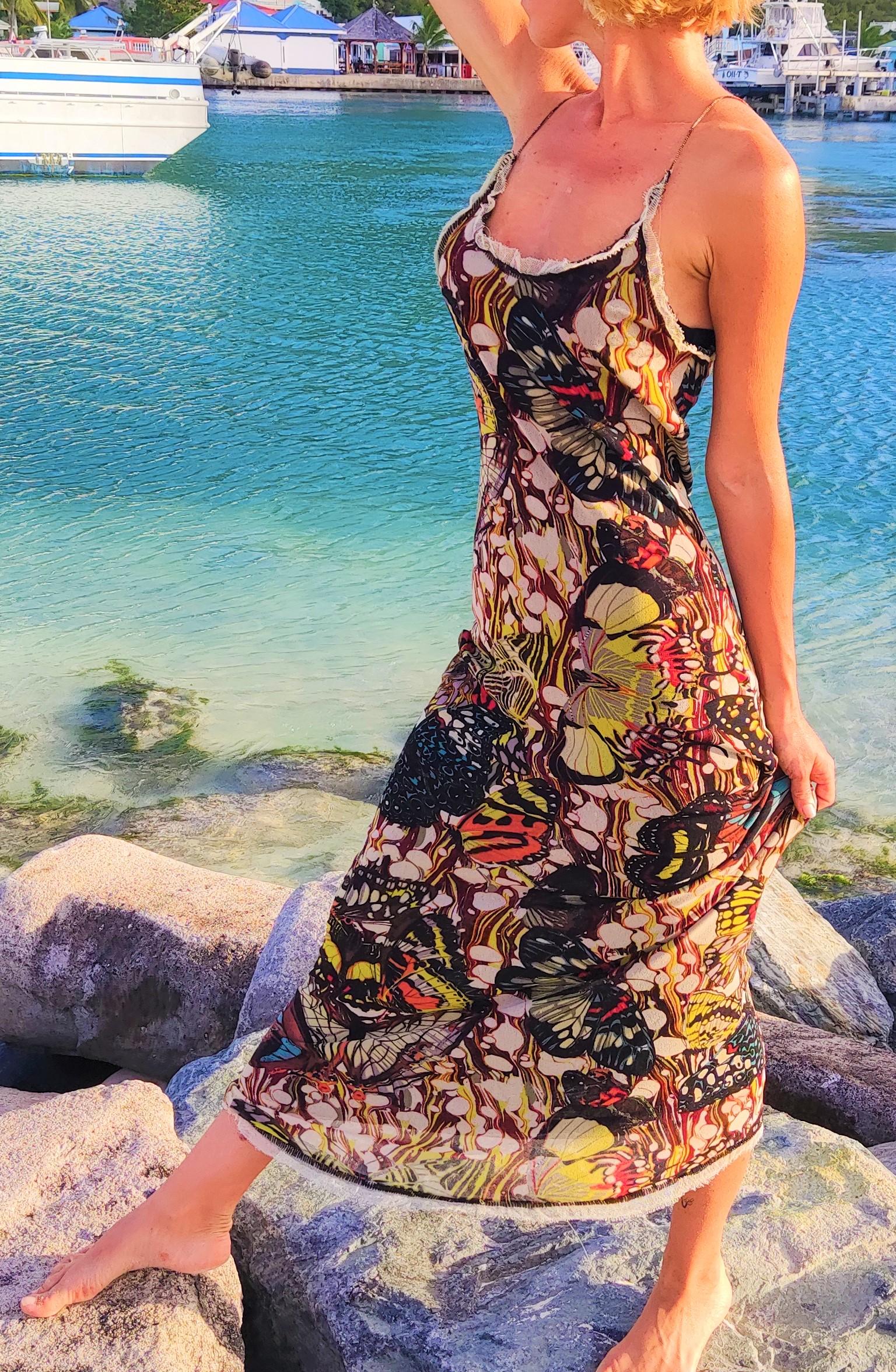 Jean Paul Gaultier Mariposa Libélula Tatuaje Kendall Jenner 2003 Maxi Vestido Beige