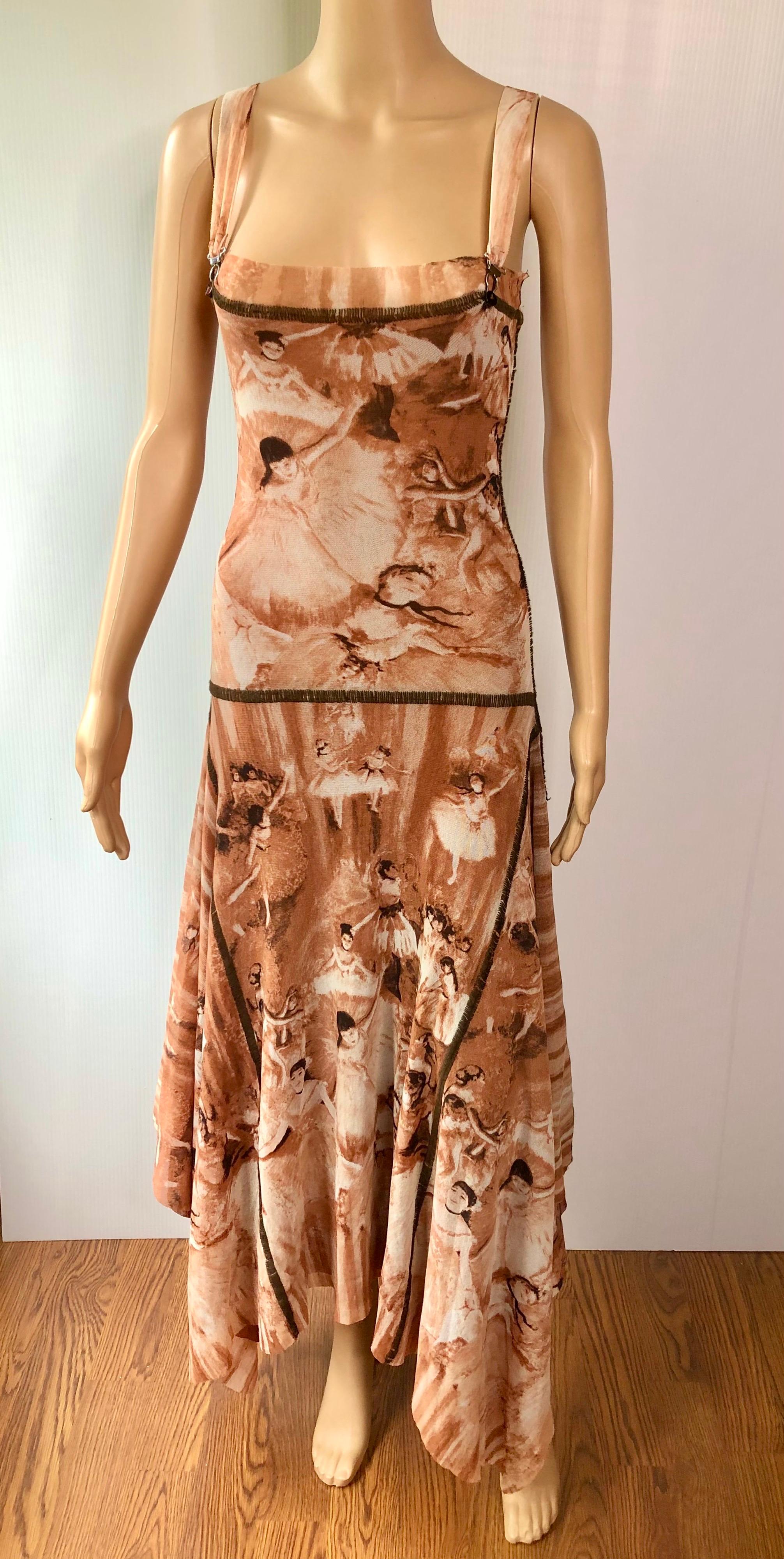 Jean Paul Gaultier S/S 2004 Vintage Edgar Degas Ballerina Print Mesh Maxi Dress Size L

Jean Paul Gaultier mesh maxi dress featuring Edgar Degas ballet print and suspender straps with silver metal clips.