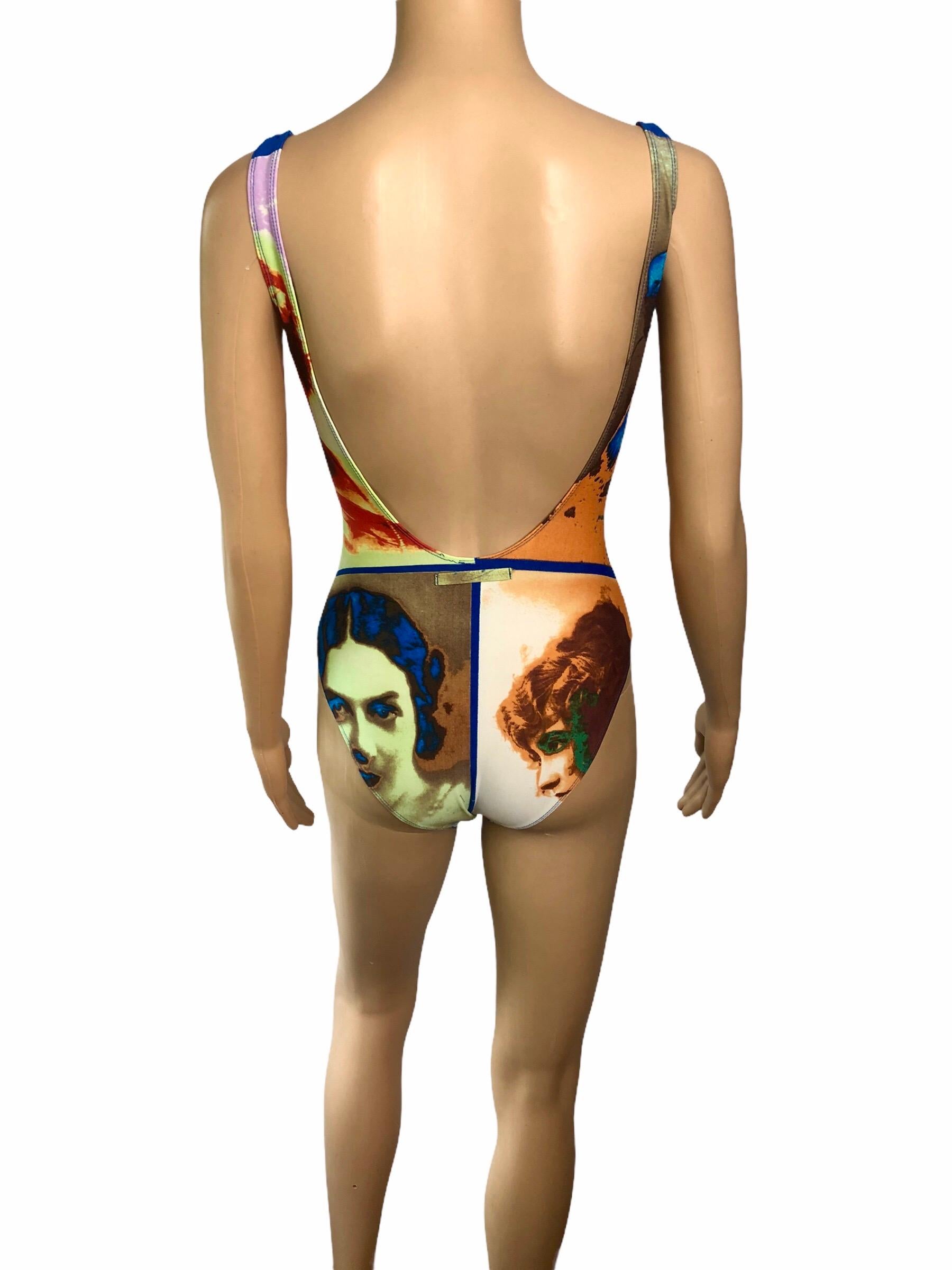 Jean Paul Gaultier Soleil S/S 2002 Vintage “Portraits” Print Open Back Bodysuit One- Piece Swimwear Swimsuit 
Size IT 42

