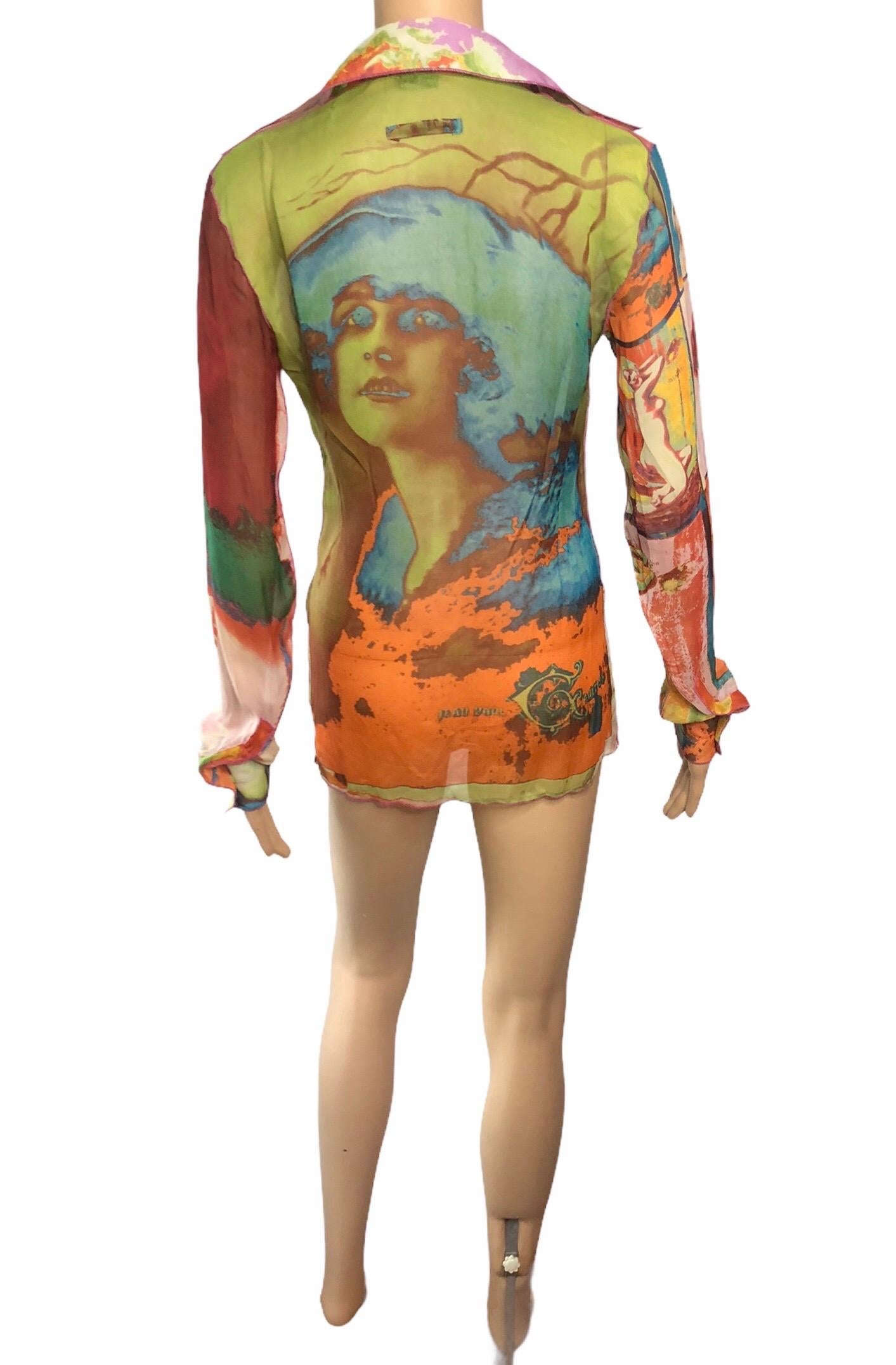 Jean Paul Gaultier c.1990 Vintage “Portraits” Print Sheer Blouse Shirt Top 1