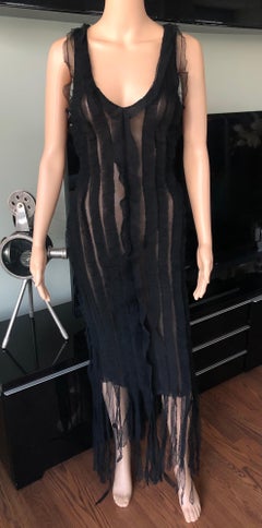 Jean Paul Gaultier c.1990 Vintage Semi-Sheer Fringe Mesh Black Dress