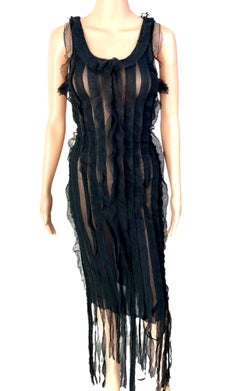 Jean Paul Gaultier S/S 2002 Vintage Semi-Sheer Fringe Mesh Black Dress