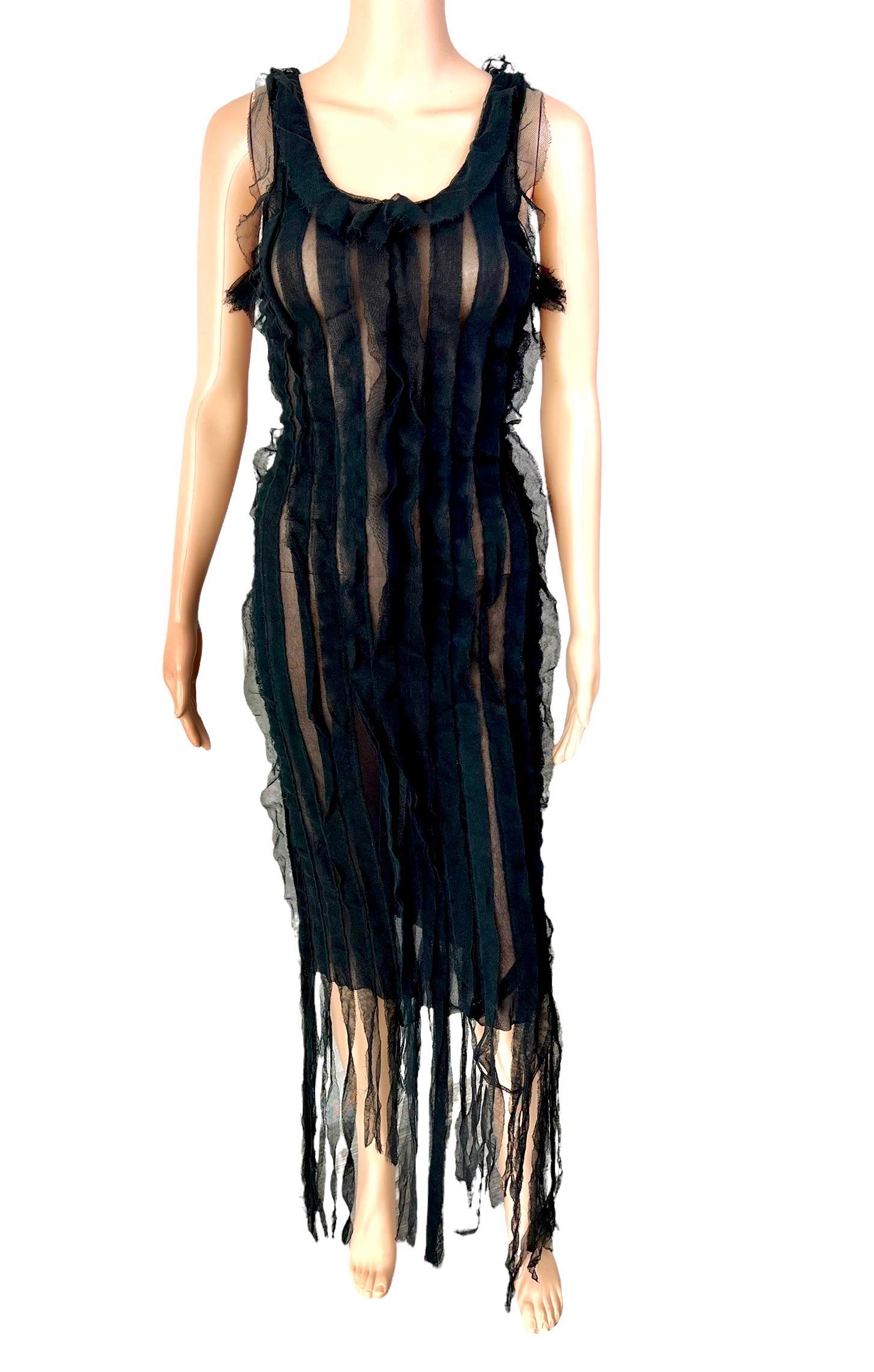 Robe noire vintage Jean Paul Gaultier en maille semi-transparente et maille à franges (collection P/E 2002) Bon état - En vente à Naples, FL
