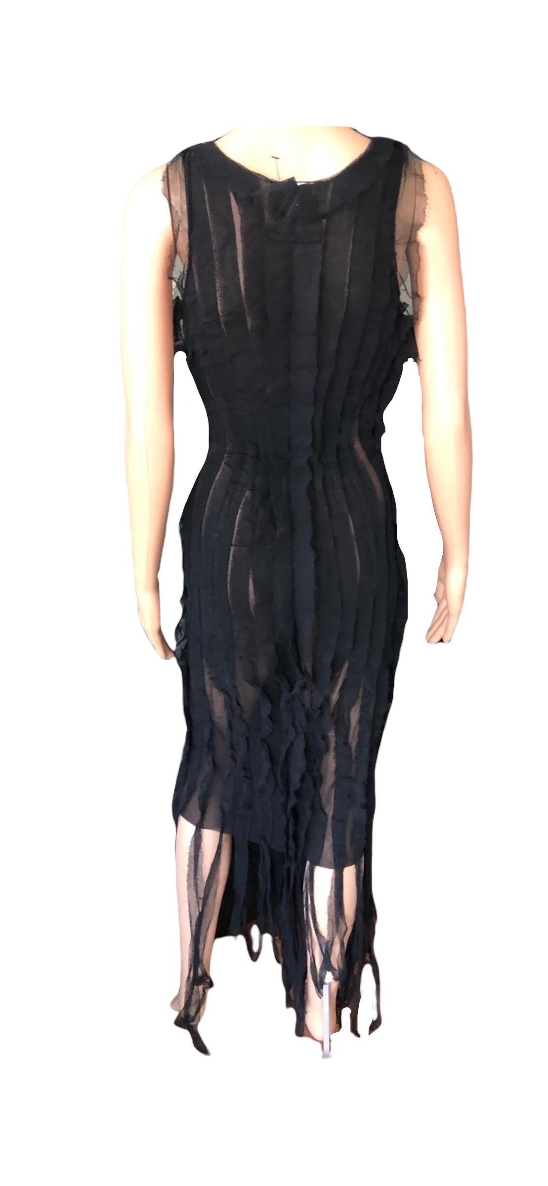 Jean Paul Gaultier S/S 2002 Vintage Vestido negro de malla con flecos semitransparentes 1