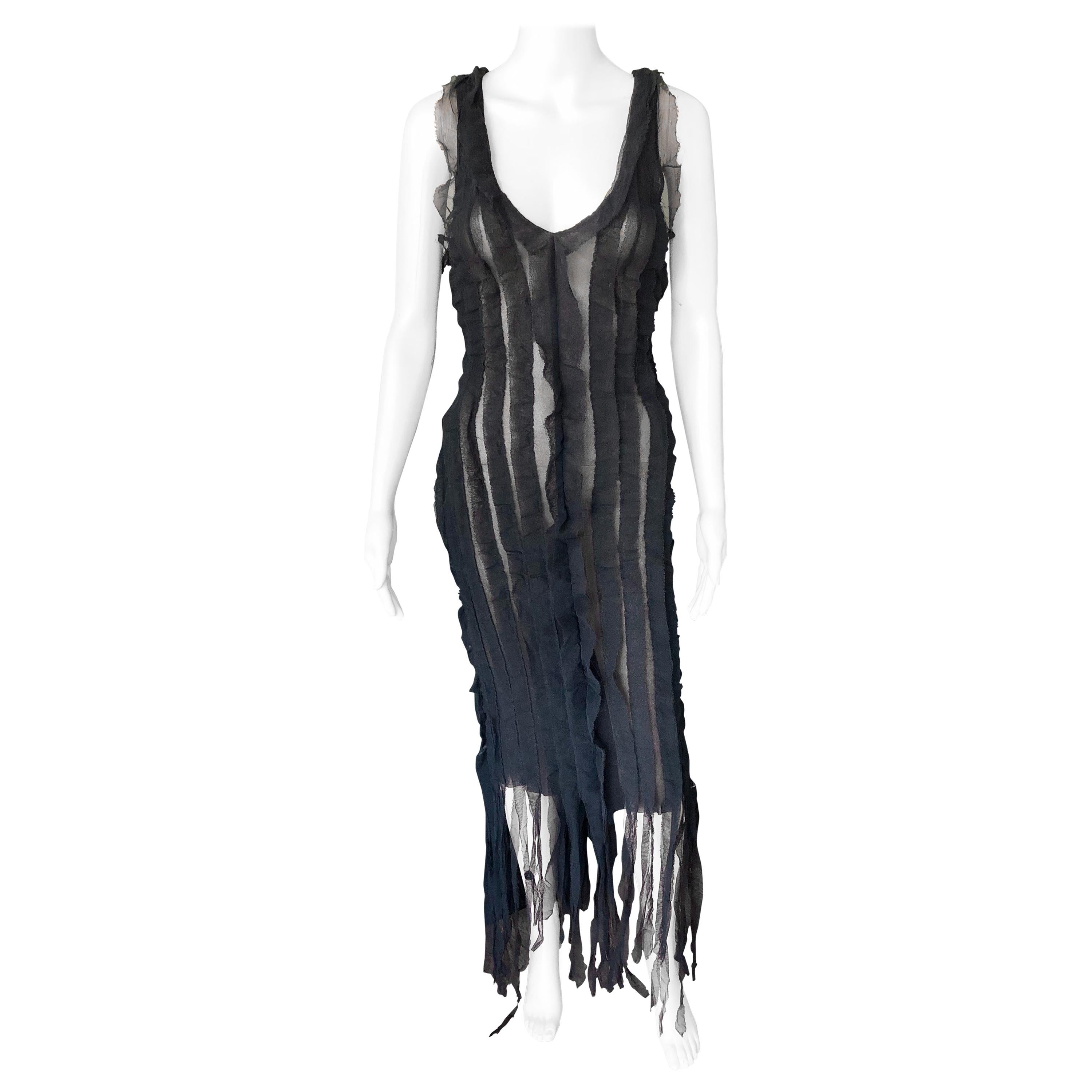 Jean Paul Gaultier c.1990 Vintage Semi-Sheer Fringe Mesh Black Dress
