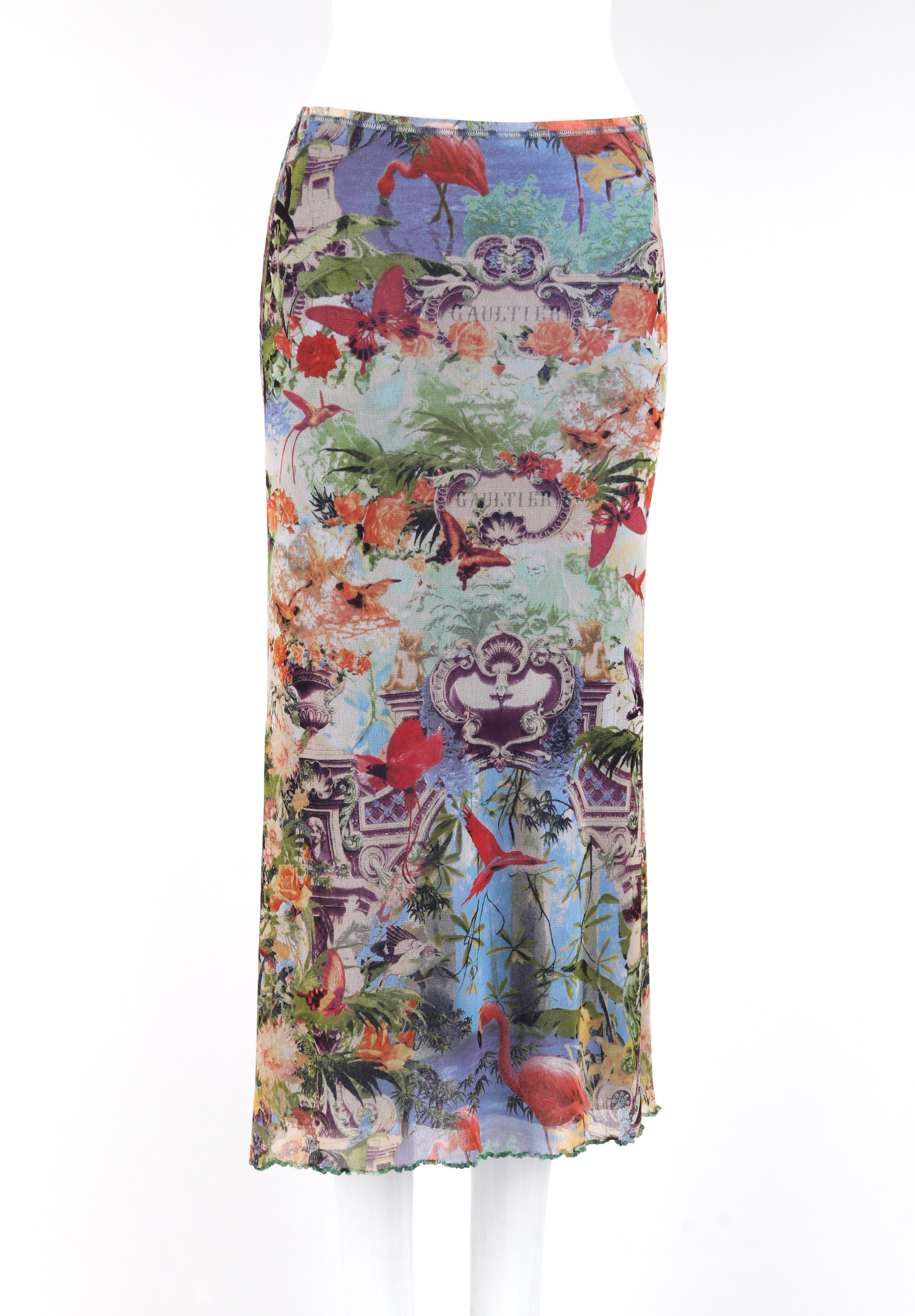 JEAN PAUL GAULTIER c.1990’s Flamingo Floral Print Mesh Lettuce Hem Maxi Skirt
 
Brand / Manufacturer: Alexander McQueen
Circa: 1990’s
Style: Maxi Skirt
Color(s): Multicolor
Lined: Yes
Marked Fabric Content: 100% polyamide
Additional Details /