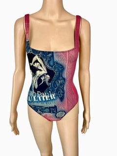 Jean Paul Gaultier c.1995 Vintage "S&M" Print Bodysuit Swimwear Swimsuit