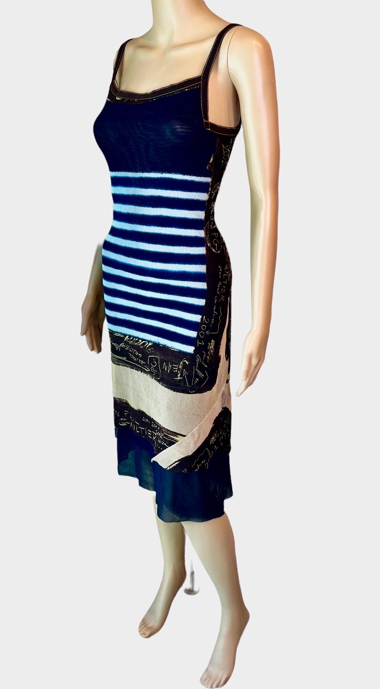 Jean Paul Gaultier c.2001 Graffiti Stripes Print Mesh Dress In Good Condition For Sale In Naples, FL