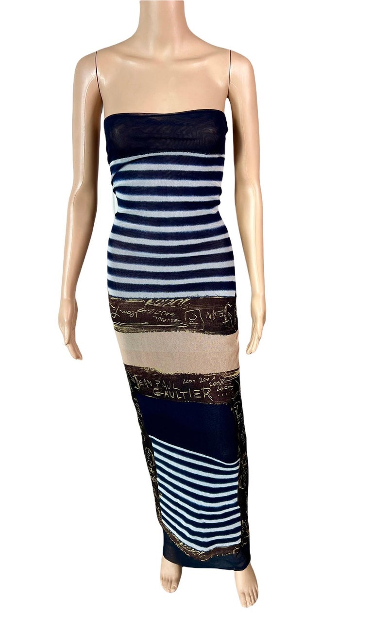 Jean Paul Gaultier c.2001 Graffiti Stripes Strapless Mesh Bodycon Maxi Dress  at 1stDibs | jean paul gaultier strapless dress, dress that people see  different colors, jean paul gaultier striped dress