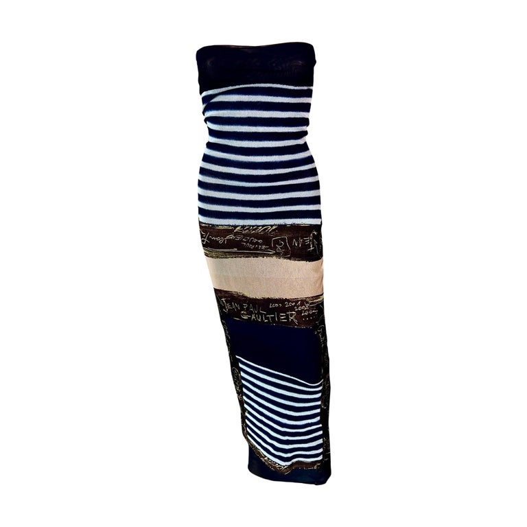 jean paul gaultier striped mesh maxi dress Jean Paul Gaultier S/S 1997 Runway Open Back Striped Mesh Long Sleeve Dress As seen on the runway for Jean Paul Gaultier's Spring/Summer 1997 Ready-to-Wear collection, this dress is a true show