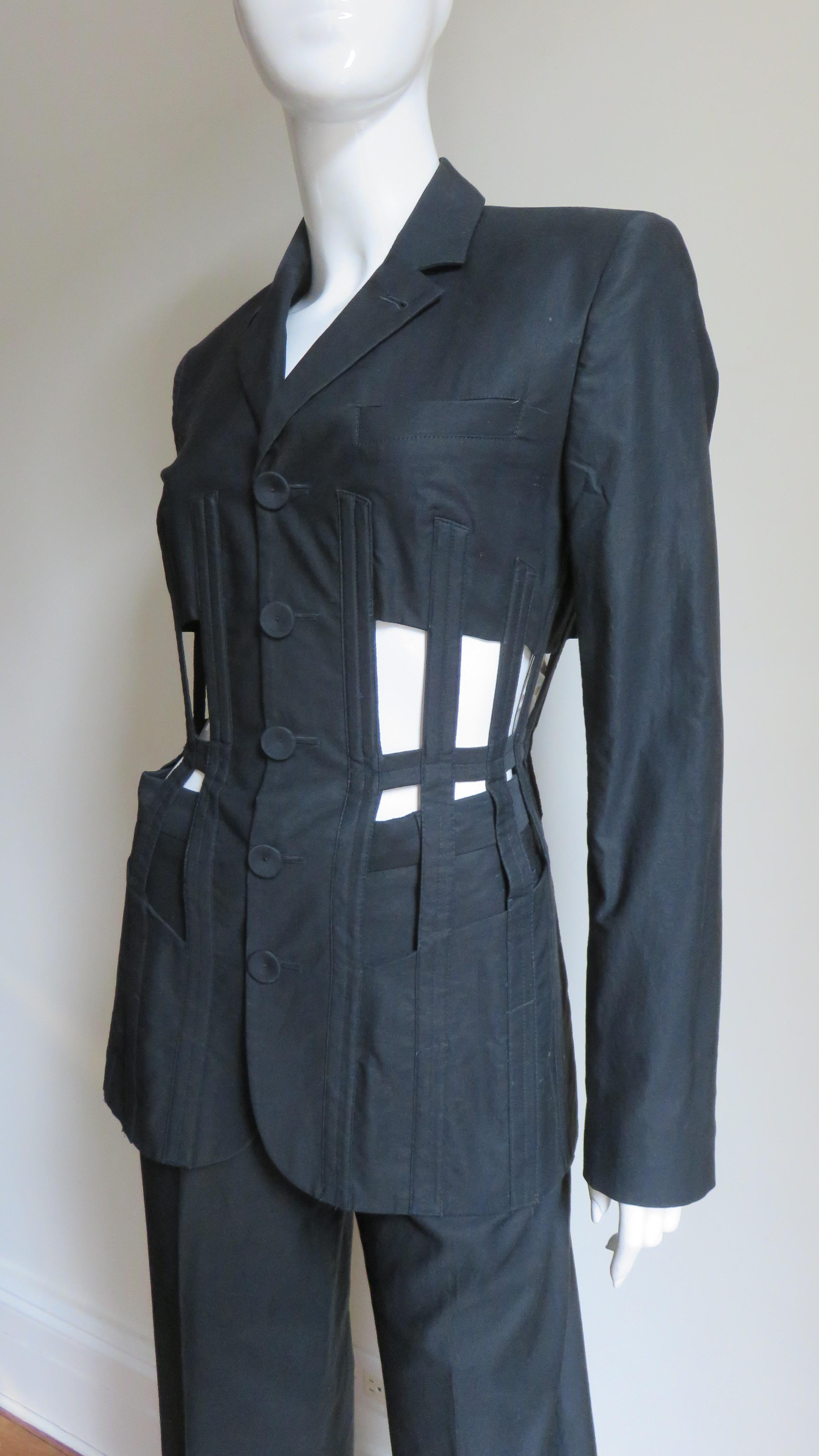 Black Jean Paul Gaultier Iconic Cage Corset lace up Jacket Pant Suit S/S 1989 For Sale
