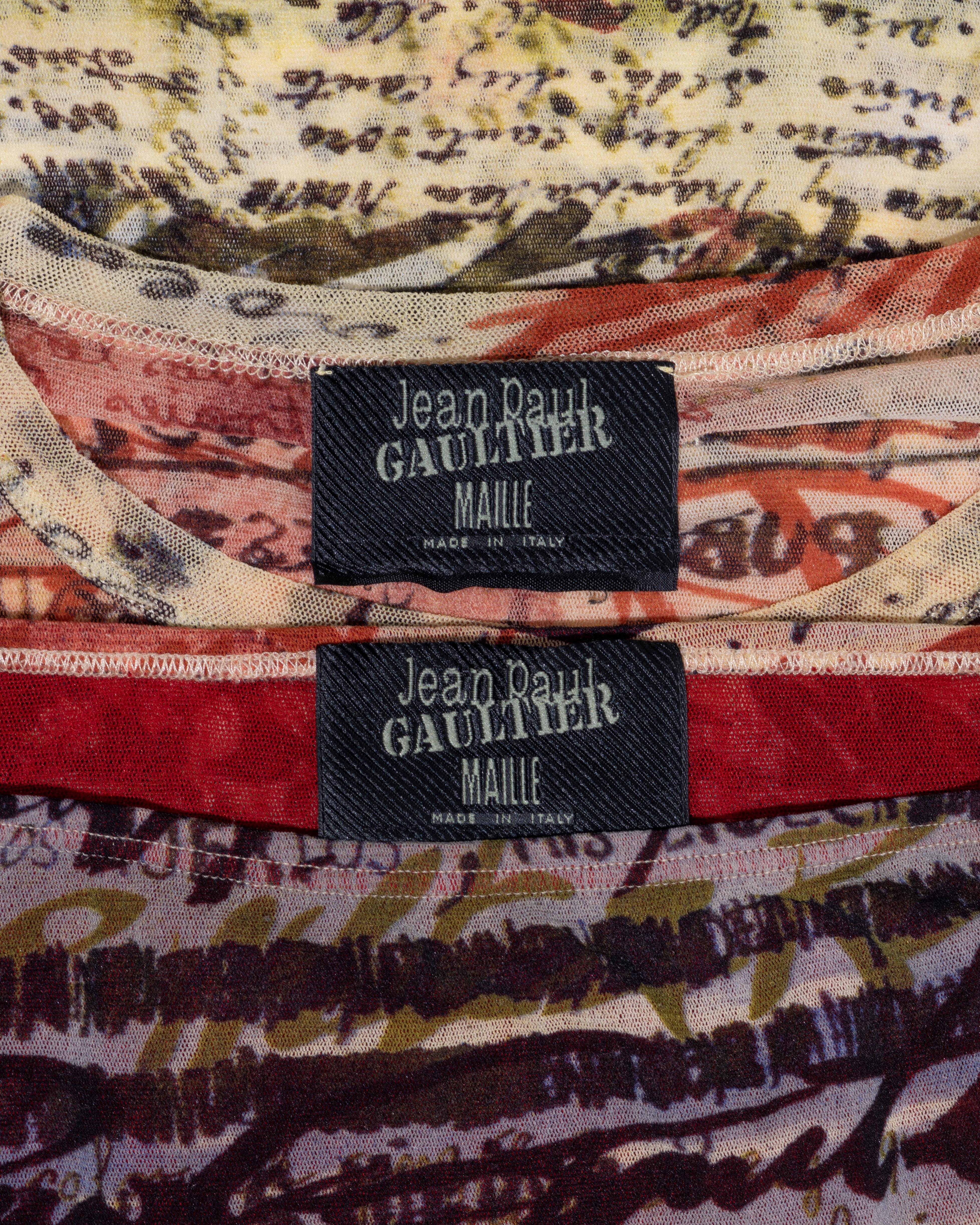 Jean Paul Gaultier calligraphy print mesh t-shirt and maxi skirt set, ss 1998 6