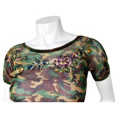 Jean Paul Gaultier Camouflage Print Mesh Floral Embroidered Top circa 1990s