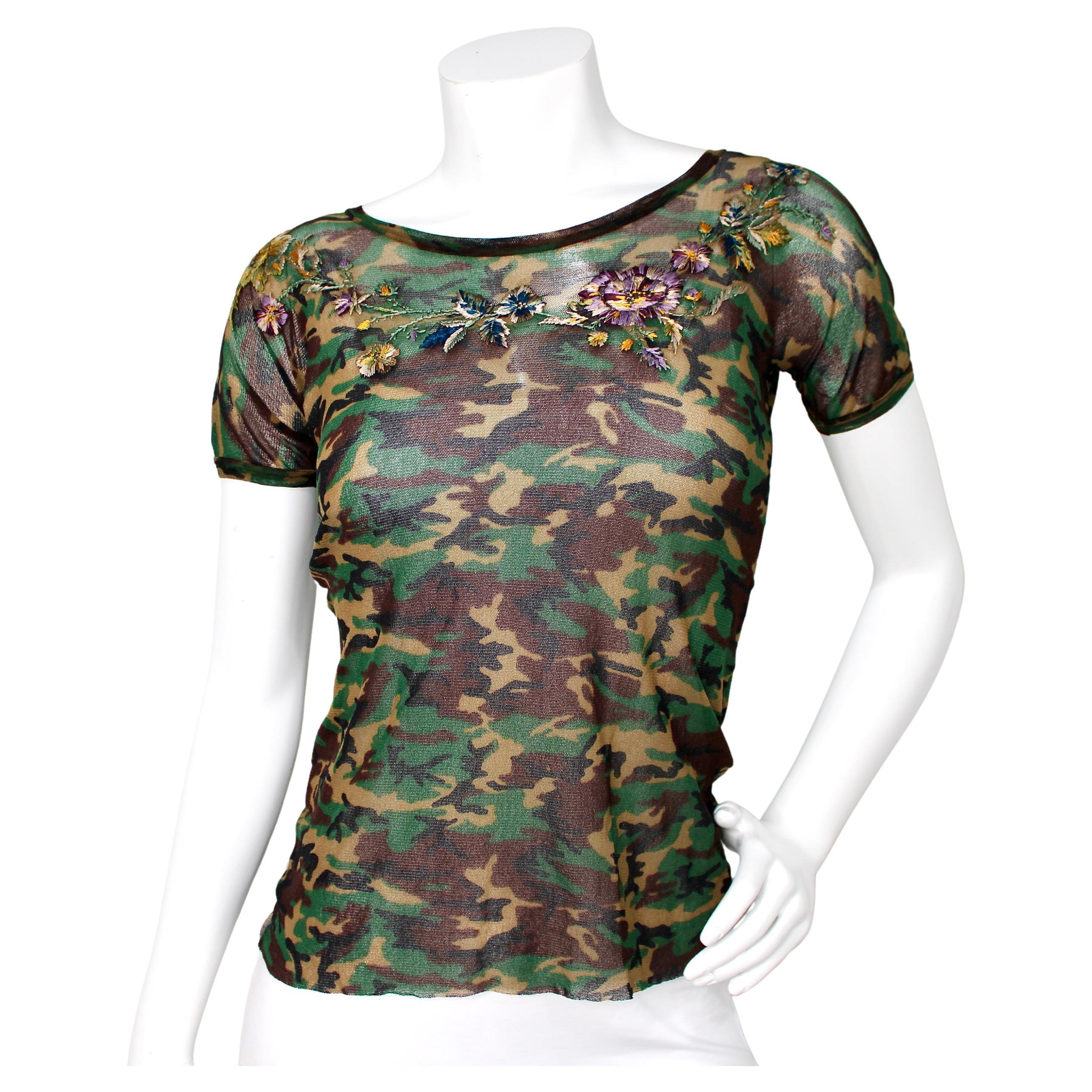 Jean Paul Gaultier Camouflage Print Mesh Floral Embroidered Top circa 1990s