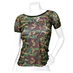 Jean Paul Gaultier Camouflage Print Mesh Floral Embroidered Top circa 1990s