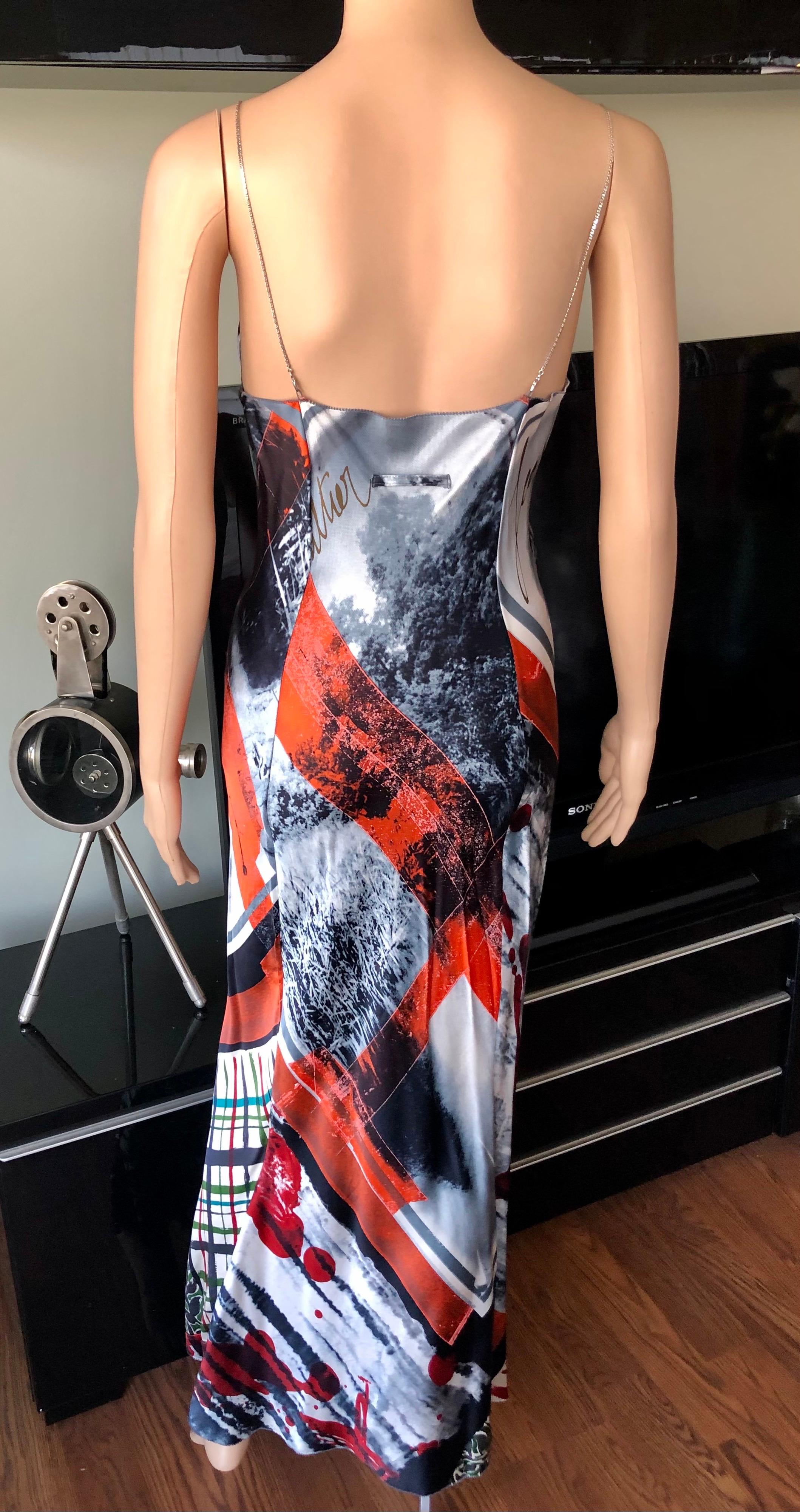 Jean Paul Gaultier F/W 2001 Chain Embellished Abstract Print Slip Evening Dress In Good Condition For Sale In Naples, FL