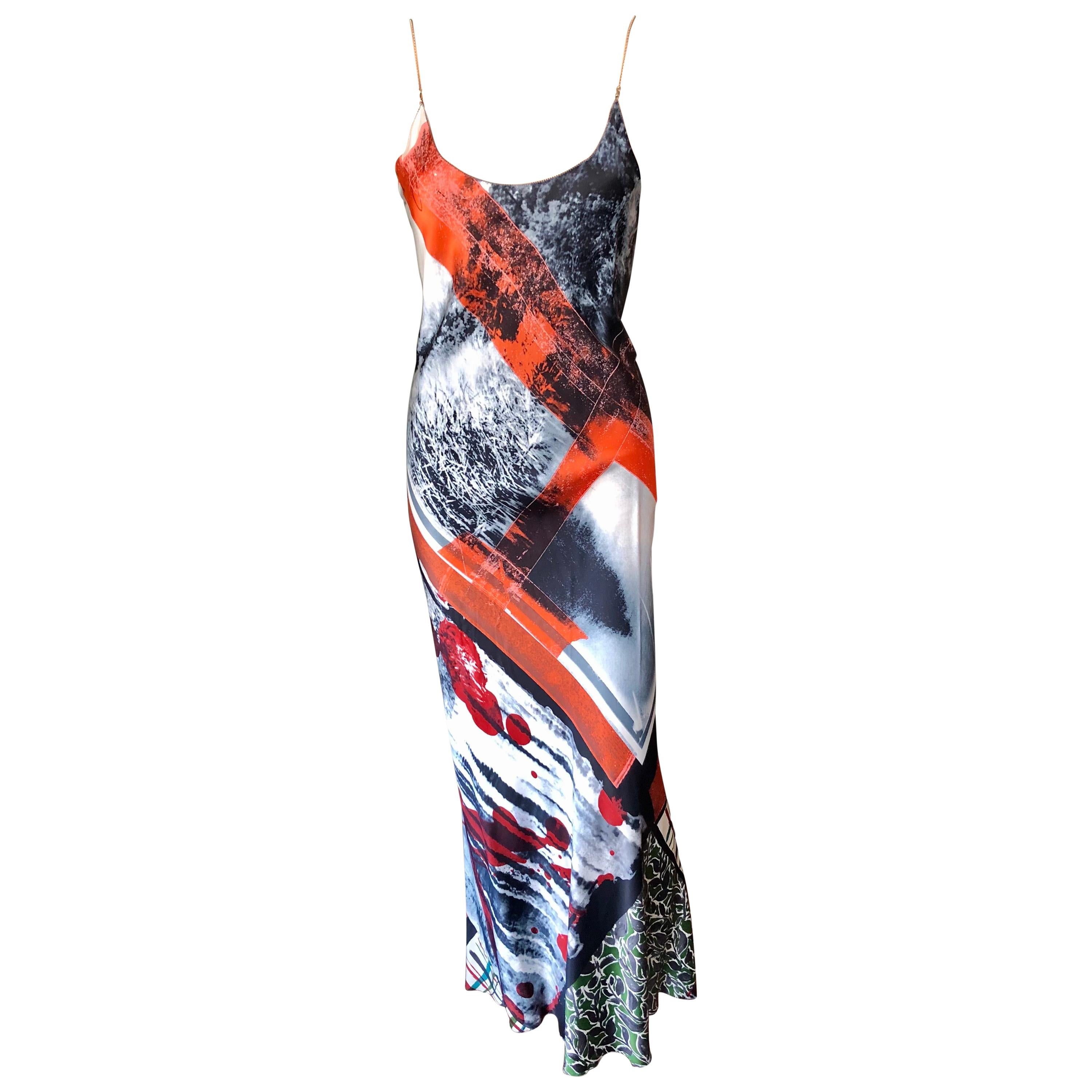 Jean Paul Gaultier F/W 2001 Chain Embellished Abstract Print Slip Evening Dress For Sale