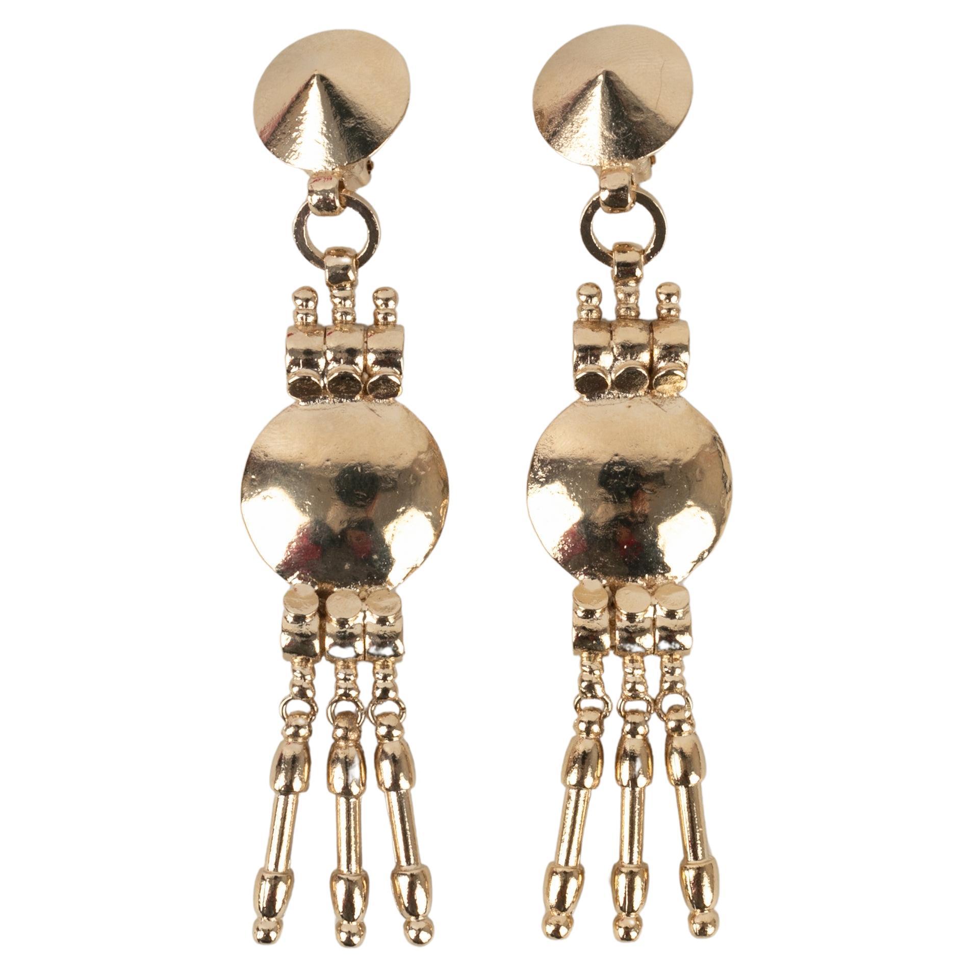 Jean Paul Gaultier Champagne Metal Clip-On Long Hoop Earrings For Sale